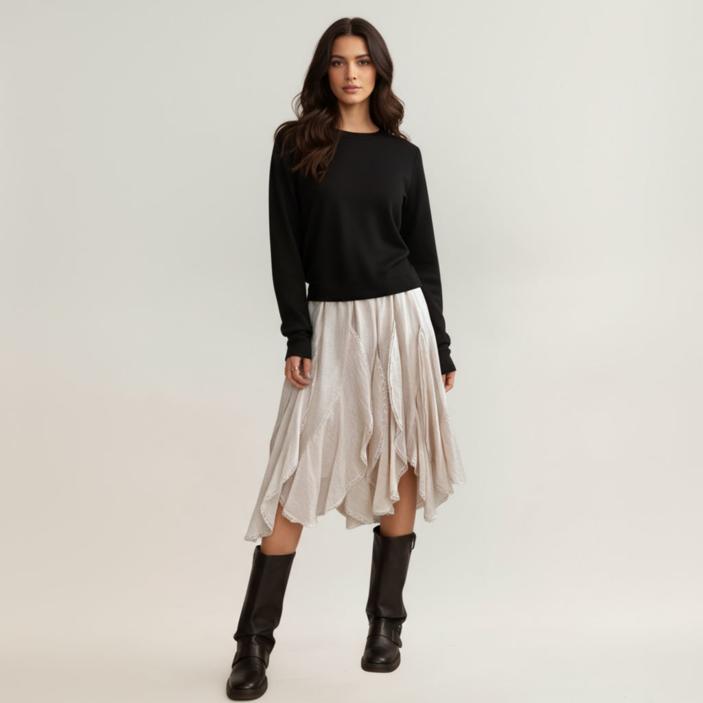 Anna-Kaci Women¡¯s Layered Handkerchief Hem Midi Skirt with Soft Flowing Panels and Textured Draped Design for an Effortlessly Styled Look