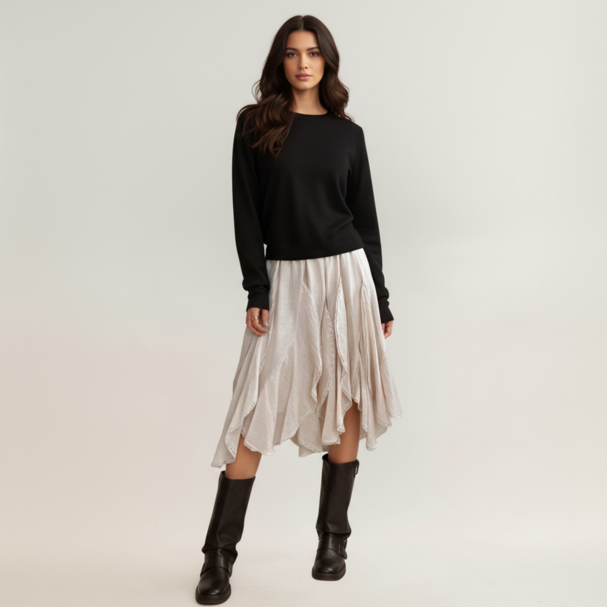 Anna-Kaci Women¡¯s Layered Handkerchief Hem Midi Skirt with Soft Flowing Panels and Textured Draped Design for an Effortlessly Styled Look