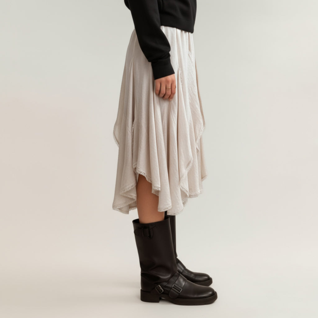 Anna-Kaci Women¡¯s Layered Handkerchief Hem Midi Skirt with Soft Flowing Panels and Textured Draped Design for an Effortlessly Styled Look