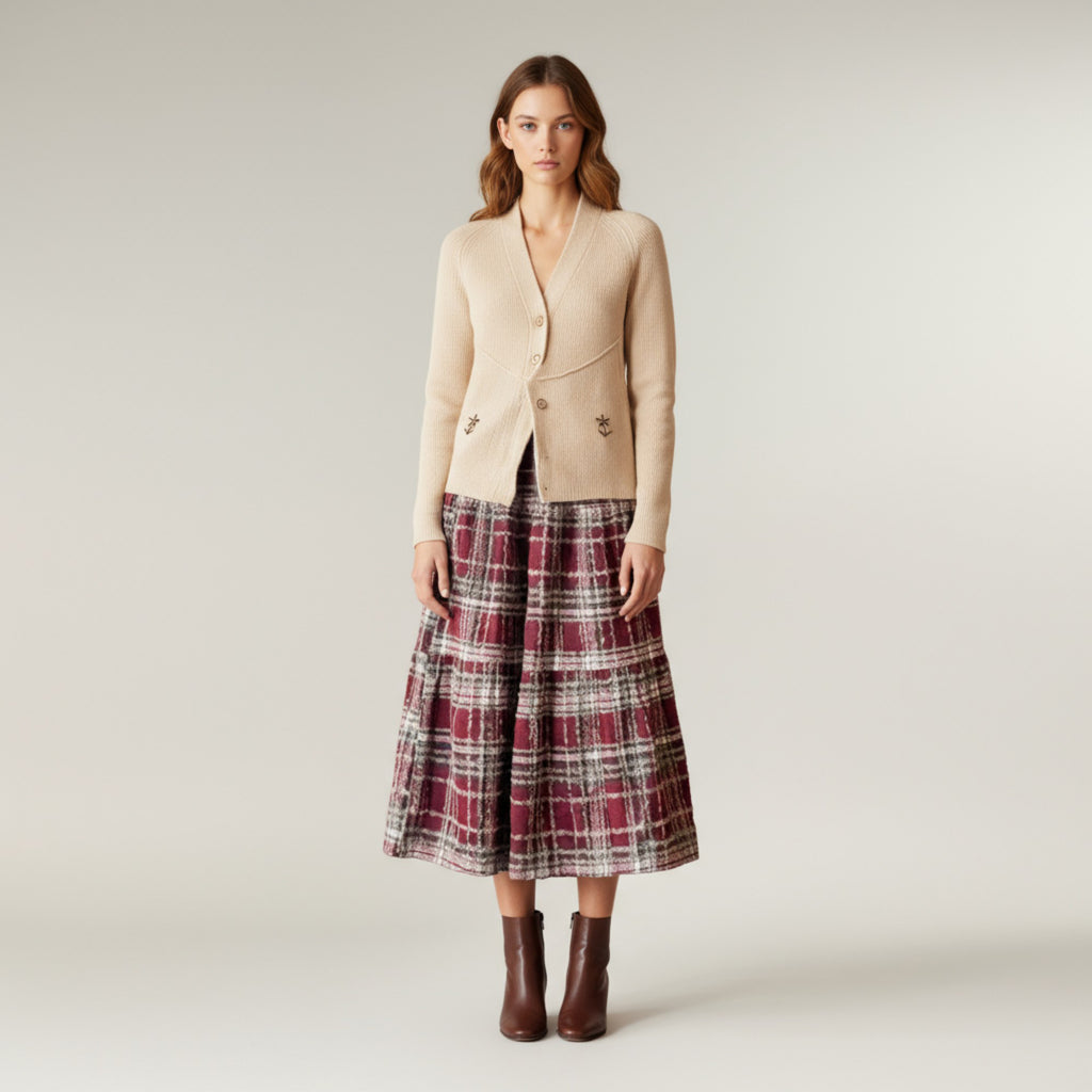 Anna-Kaci Women's High Waist Plaid Midi Skirt with Soft Textured Fabric and Tiered A-Line Silhouette