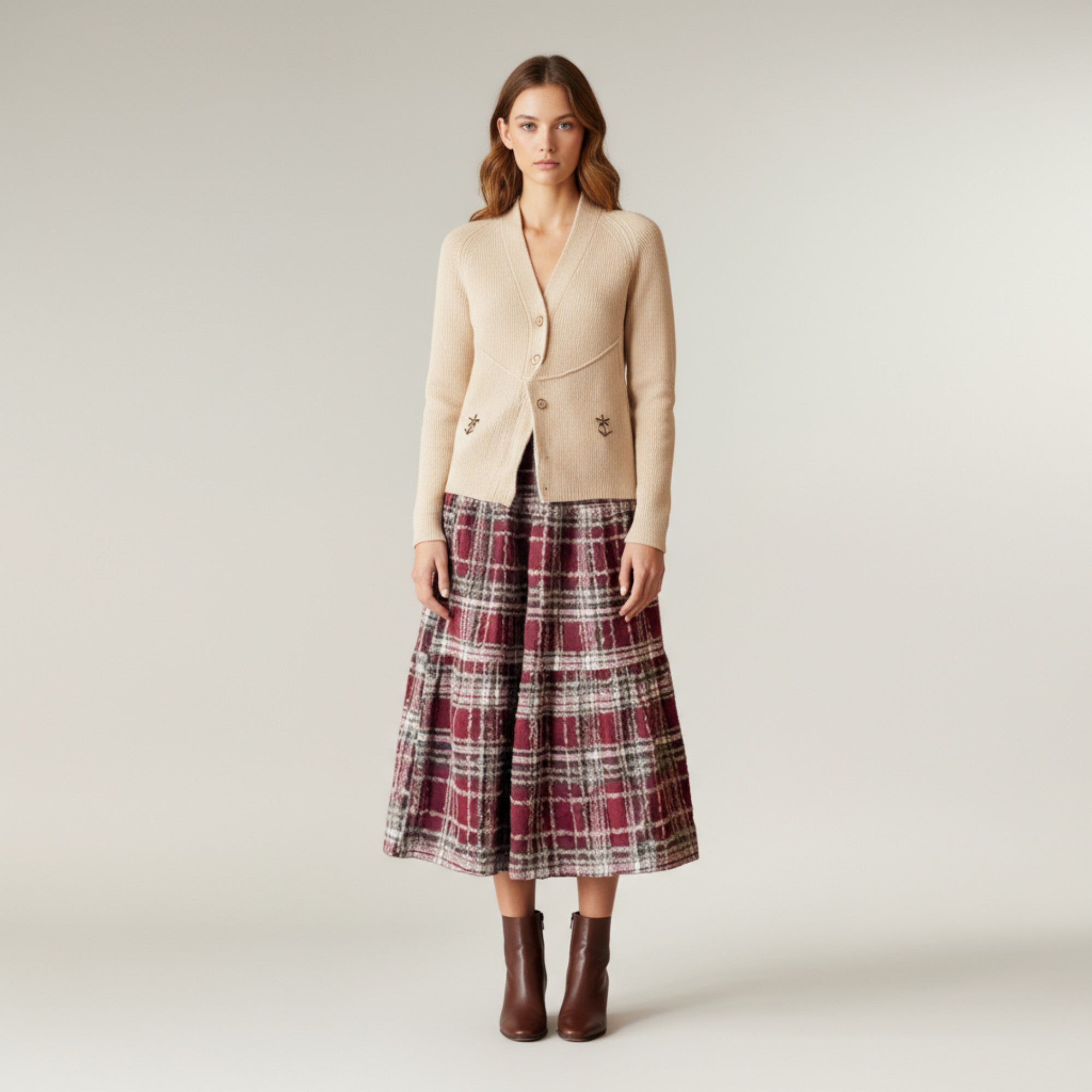 Anna-Kaci Women's High Waist Plaid Midi Skirt with Soft Textured Fabric and Tiered A-Line Silhouette