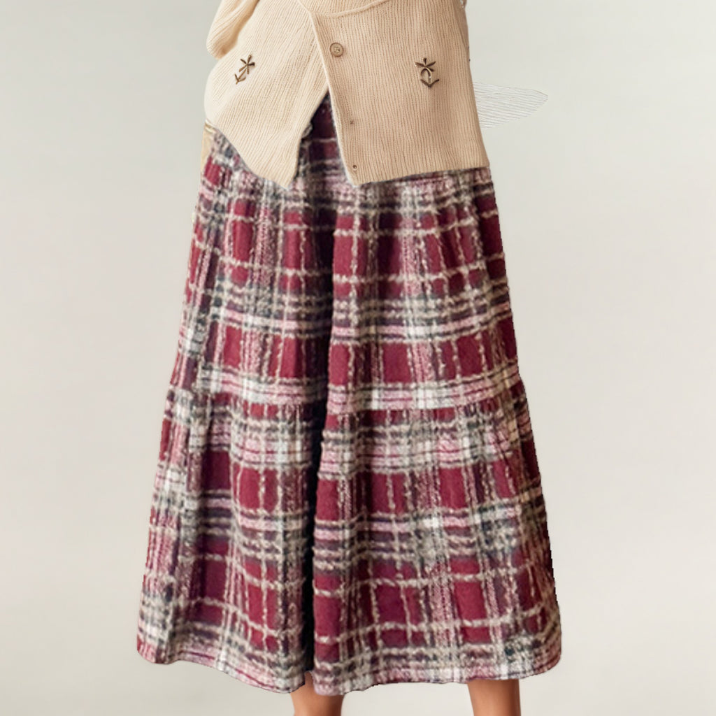 Anna-Kaci Women's High Waist Plaid Midi Skirt with Soft Textured Fabric and Tiered A-Line Silhouette