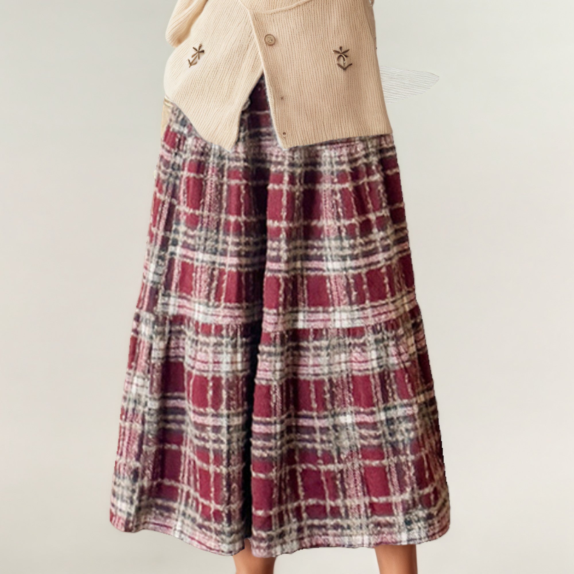 Anna-Kaci Women's High Waist Plaid Midi Skirt with Soft Textured Fabric and Tiered A-Line Silhouette