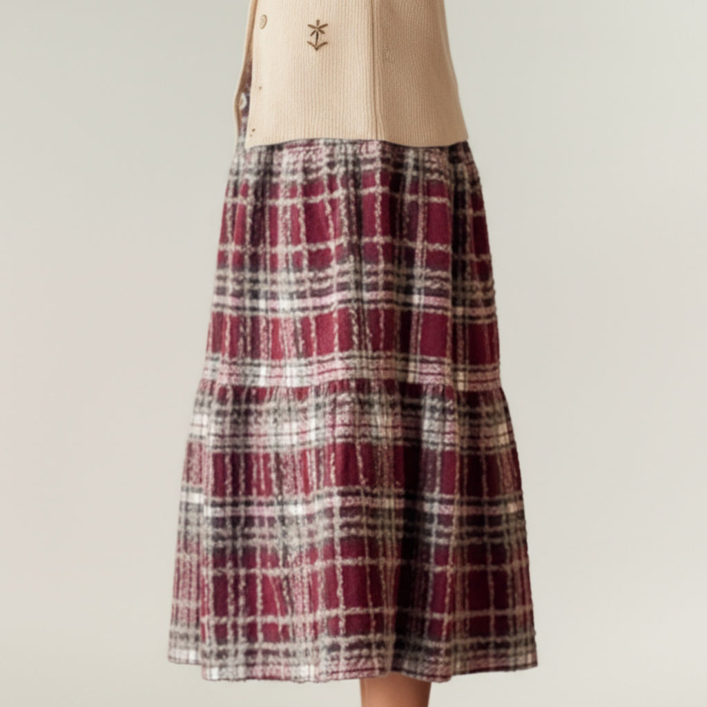 Anna-Kaci Women's High Waist Plaid Midi Skirt with Soft Textured Fabric and Tiered A-Line Silhouette