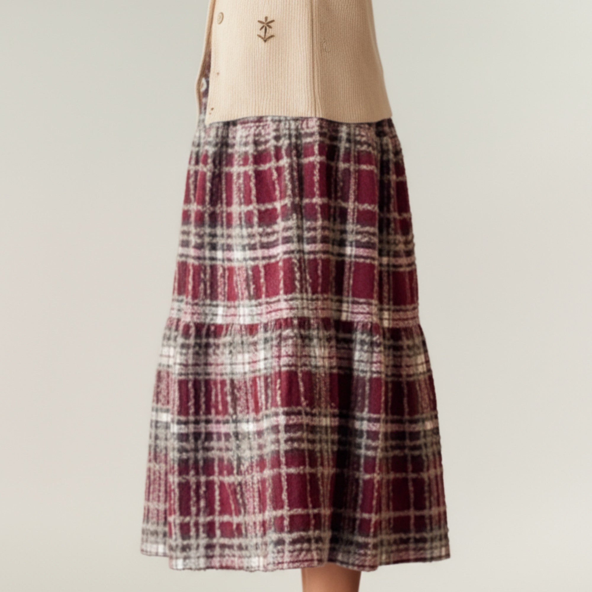 Anna-Kaci Women's High Waist Plaid Midi Skirt with Soft Textured Fabric and Tiered A-Line Silhouette