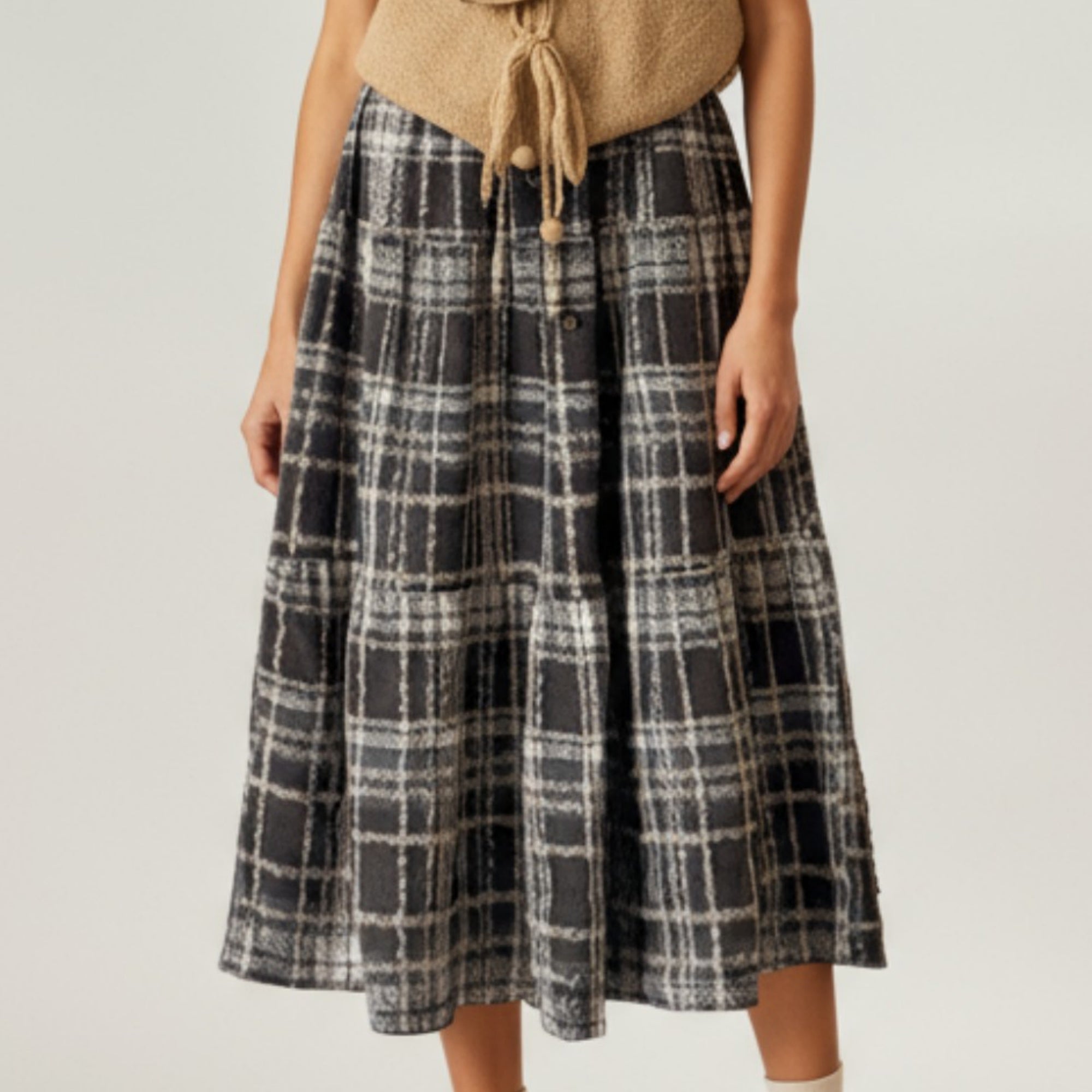 Anna-Kaci Women's High Waist Plaid Midi Skirt with Soft Textured Fabric and Tiered A-Line Silhouette