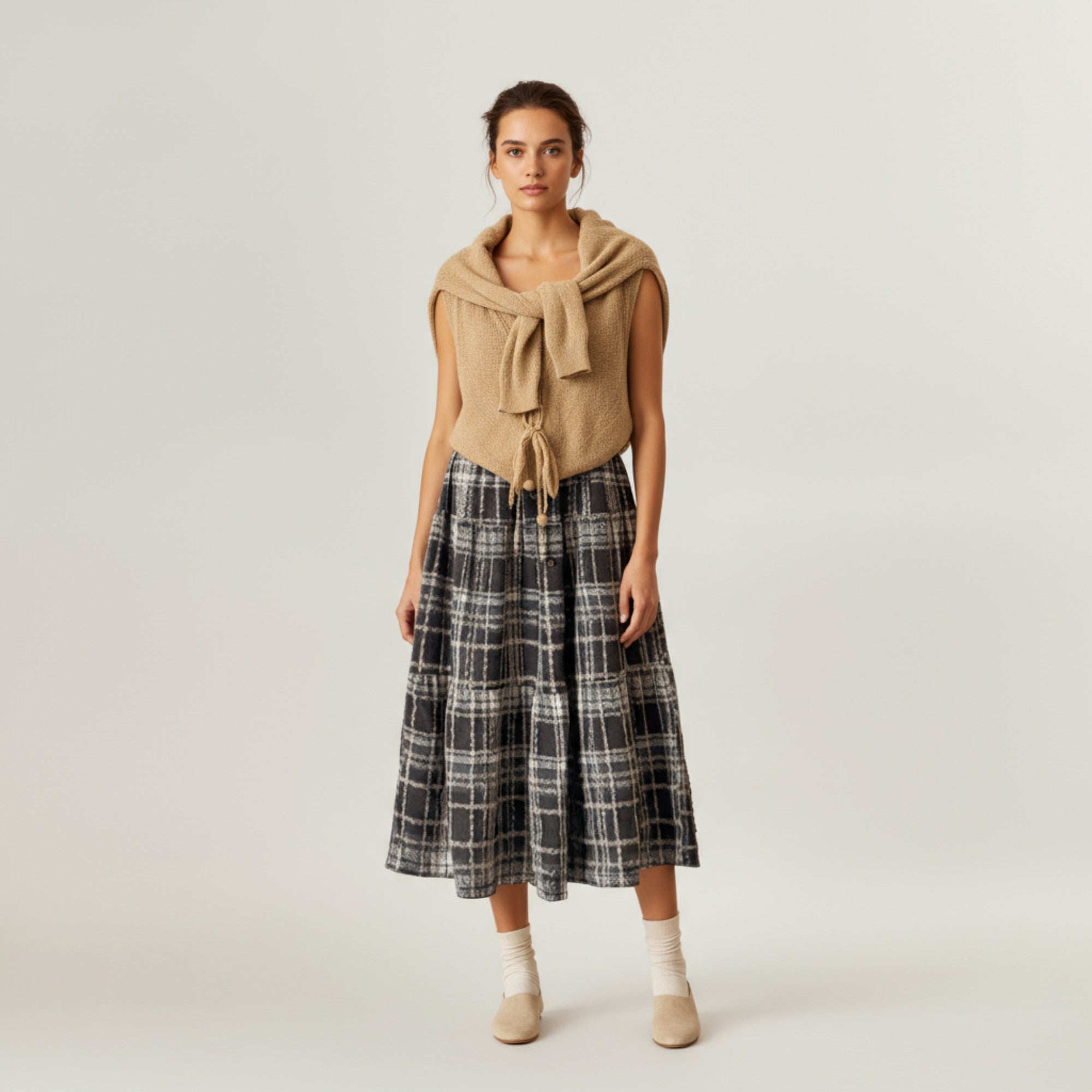 Anna-Kaci Women's High Waist Plaid Midi Skirt with Soft Textured Fabric and Tiered A-Line Silhouette