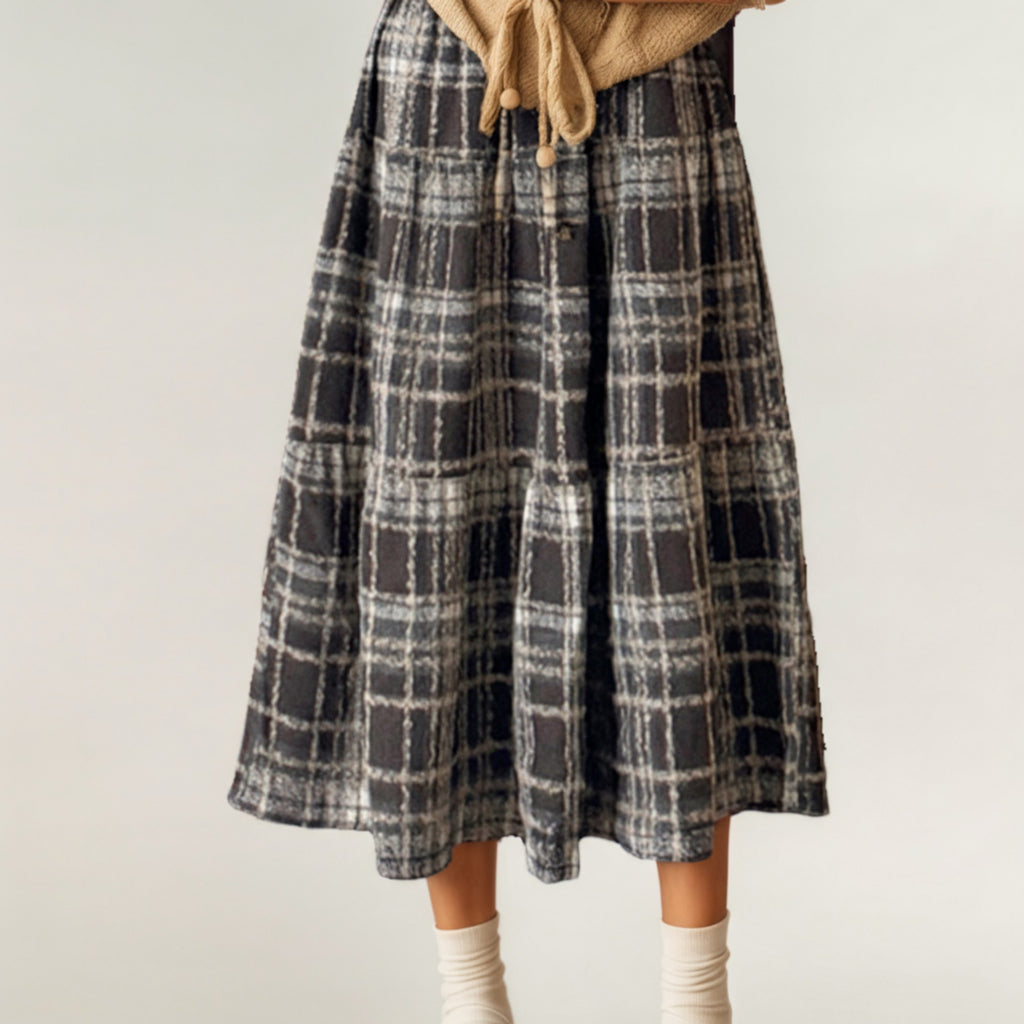 Anna-Kaci Women's High Waist Plaid Midi Skirt with Soft Textured Fabric and Tiered A-Line Silhouette