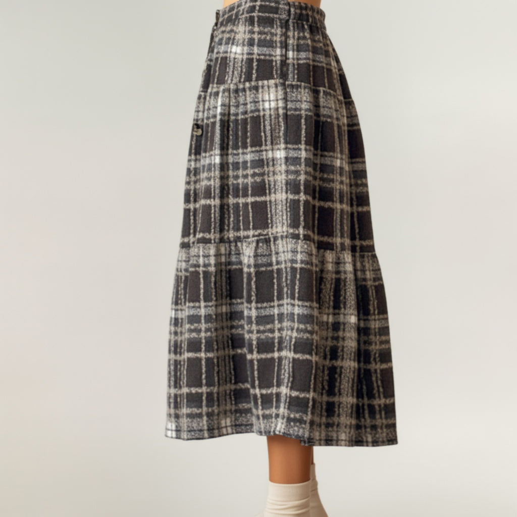 Anna-Kaci Women's High Waist Plaid Midi Skirt with Soft Textured Fabric and Tiered A-Line Silhouette