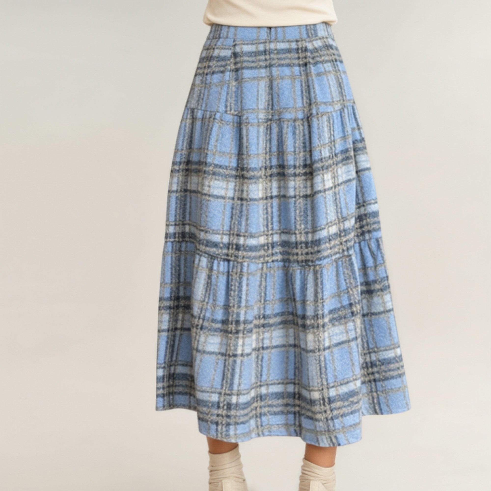 Anna-Kaci Women's High Waist Plaid Midi Skirt with Soft Textured Fabric and Tiered A-Line Silhouette