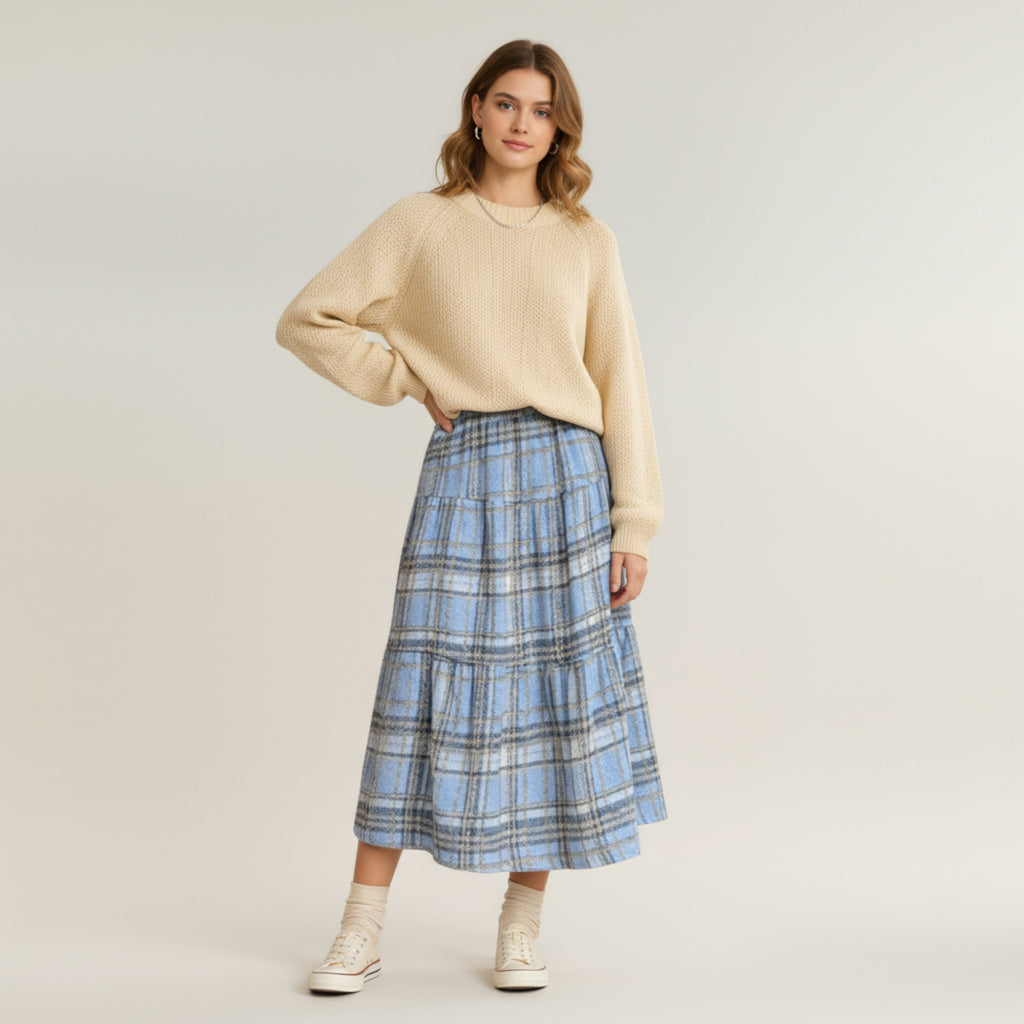 Anna-Kaci Women's High Waist Plaid Midi Skirt with Soft Textured Fabric and Tiered A-Line Silhouette