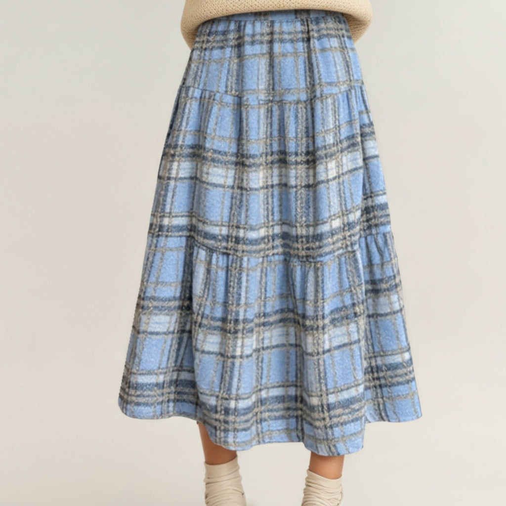 Anna-Kaci Women's High Waist Plaid Midi Skirt with Soft Textured Fabric and Tiered A-Line Silhouette