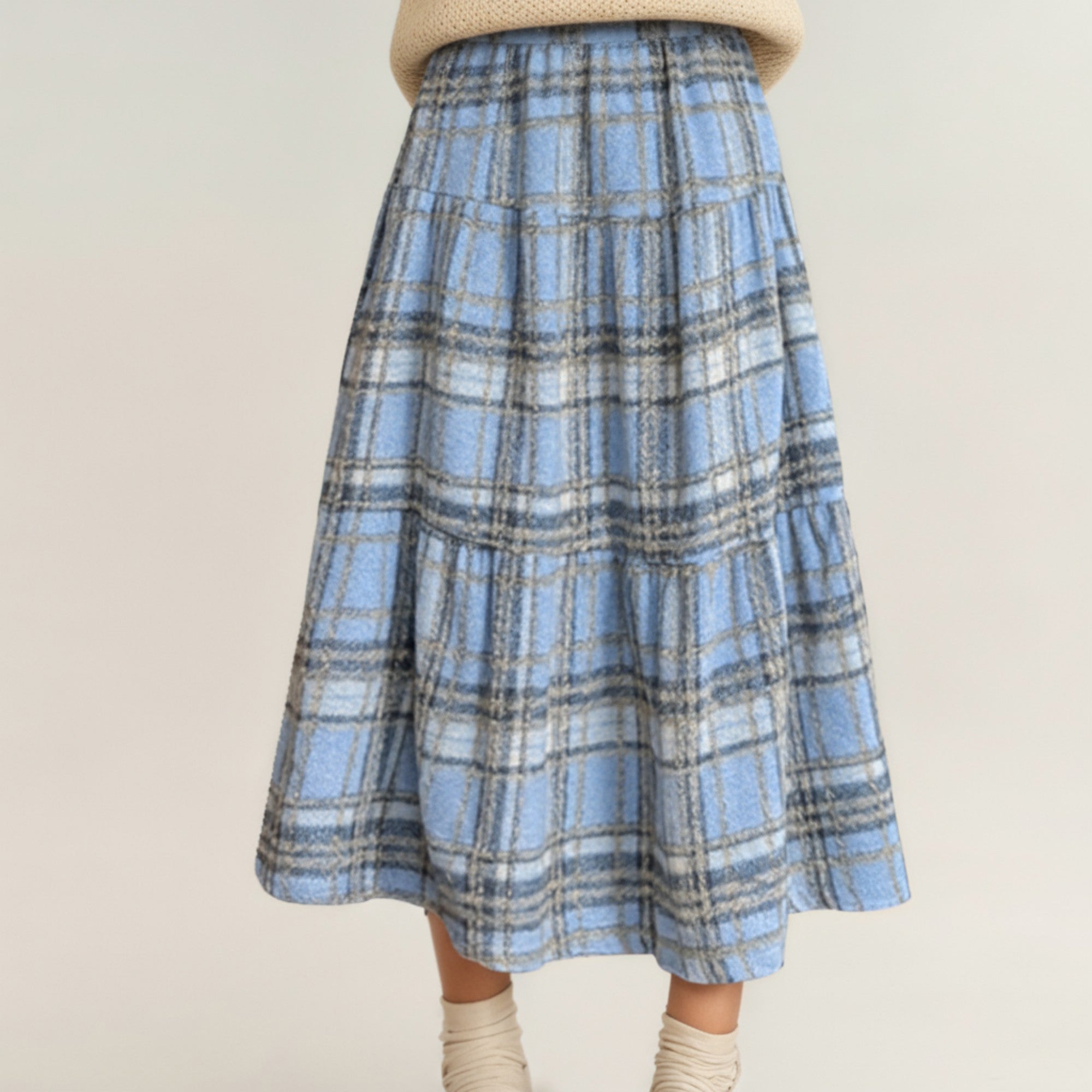 Anna-Kaci Women's High Waist Plaid Midi Skirt with Soft Textured Fabric and Tiered A-Line Silhouette