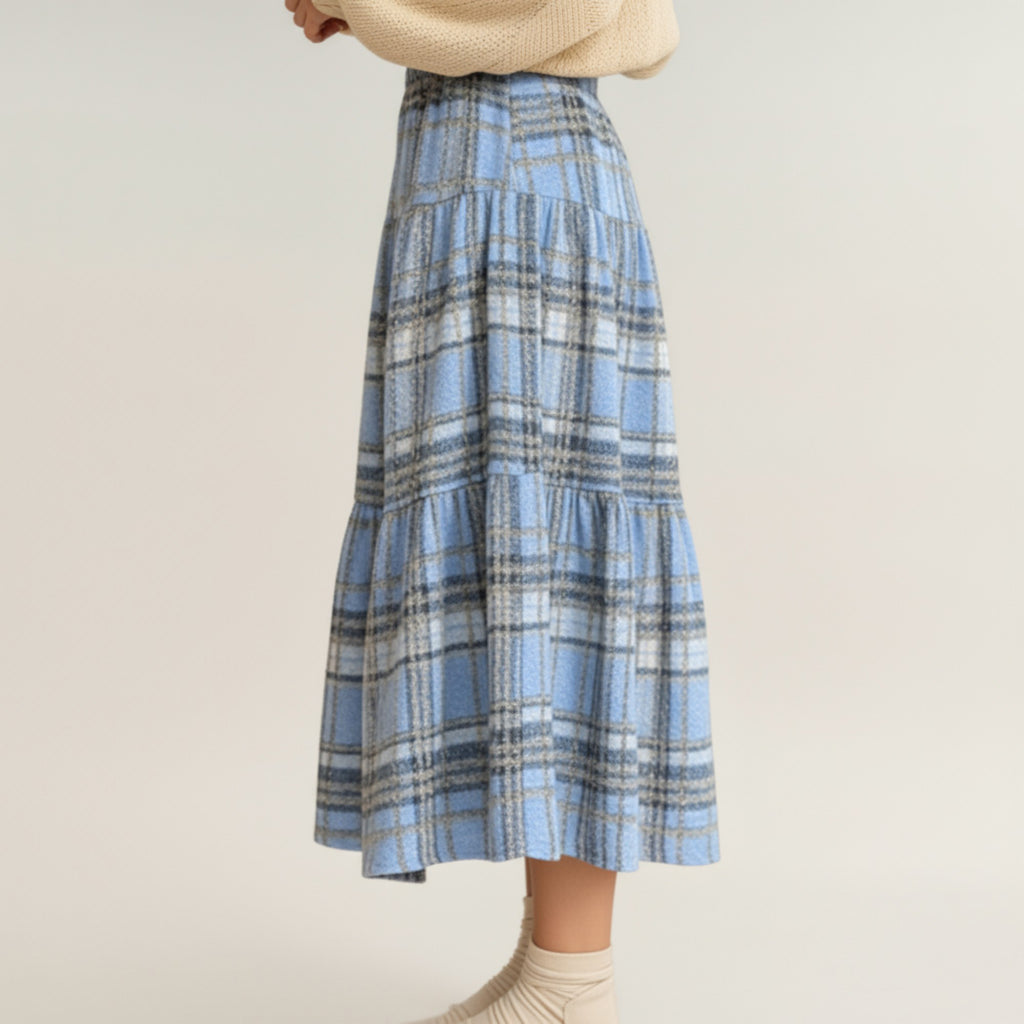 Anna-Kaci Women's High Waist Plaid Midi Skirt with Soft Textured Fabric and Tiered A-Line Silhouette