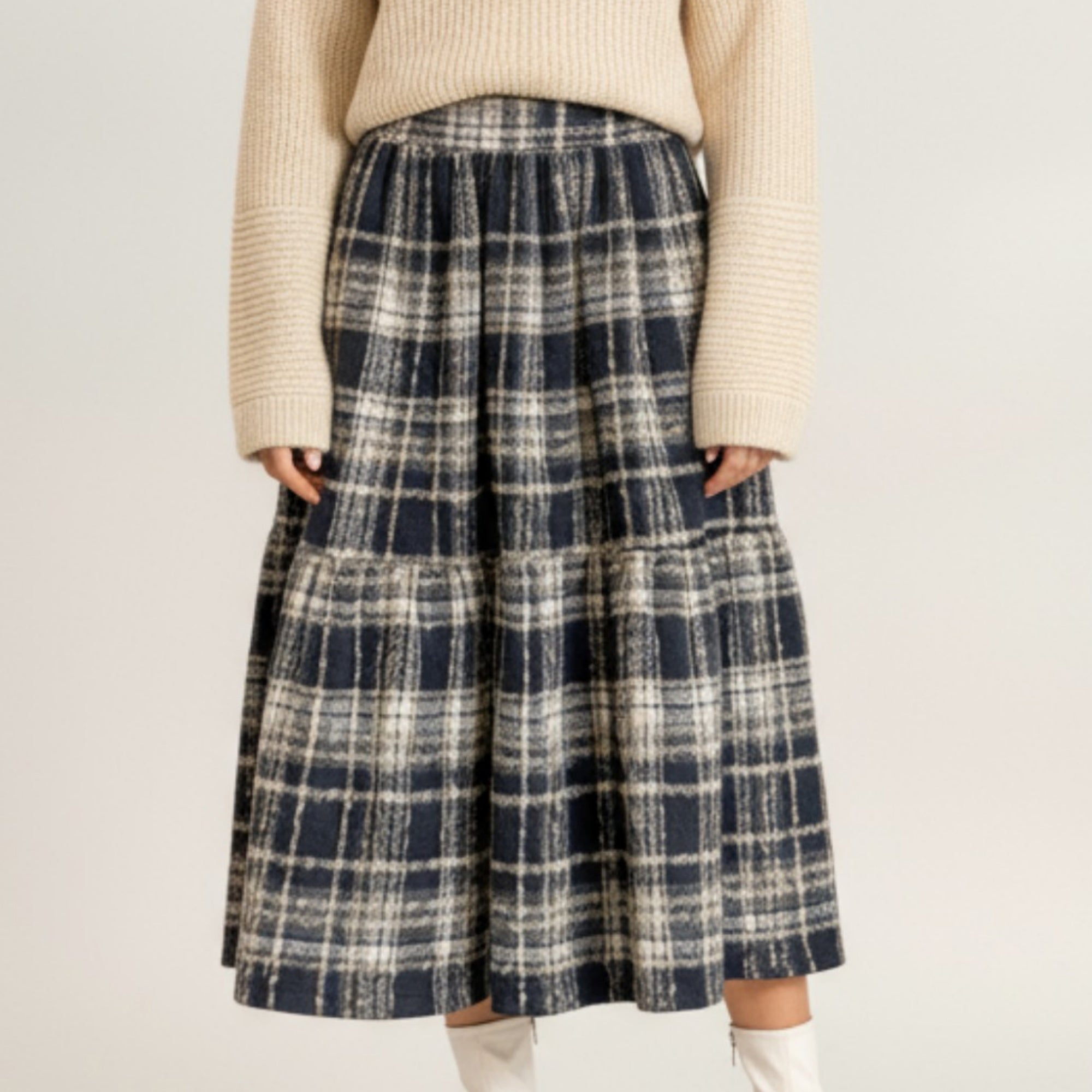 Anna-Kaci Women's High Waist Plaid Midi Skirt with Soft Textured Fabric and Tiered A-Line Silhouette