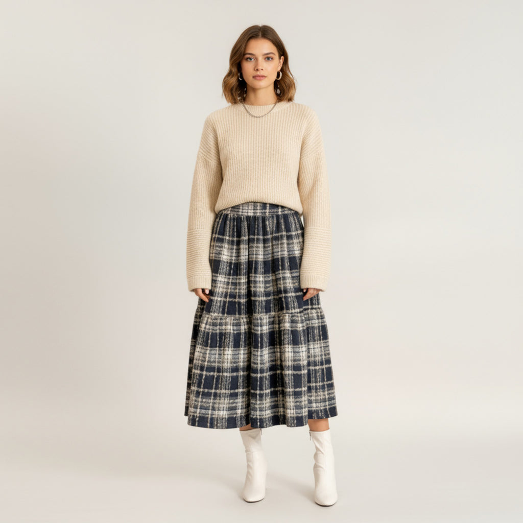 Anna-Kaci Women's High Waist Plaid Midi Skirt with Soft Textured Fabric and Tiered A-Line Silhouette
