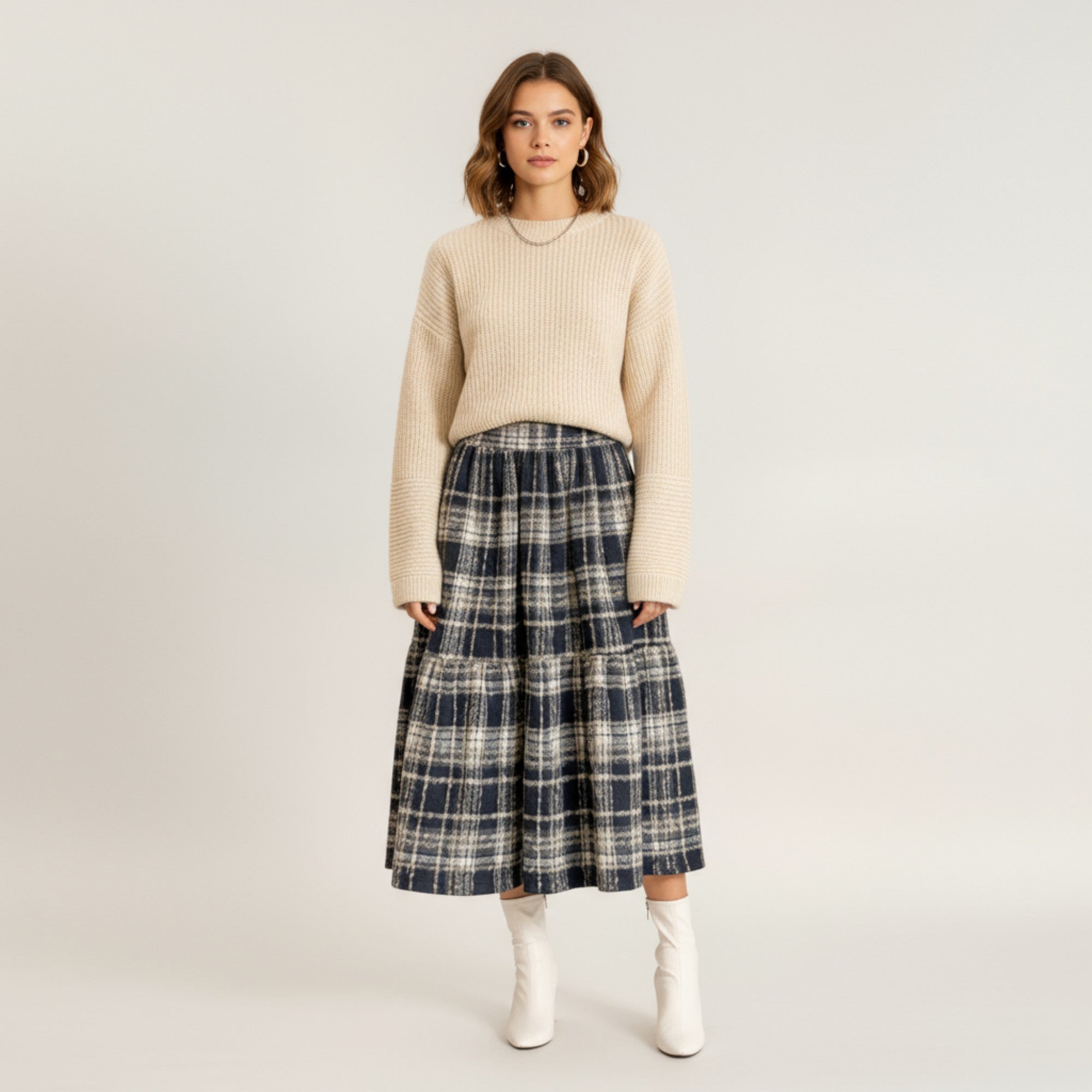 Anna-Kaci Women's High Waist Plaid Midi Skirt with Soft Textured Fabric and Tiered A-Line Silhouette