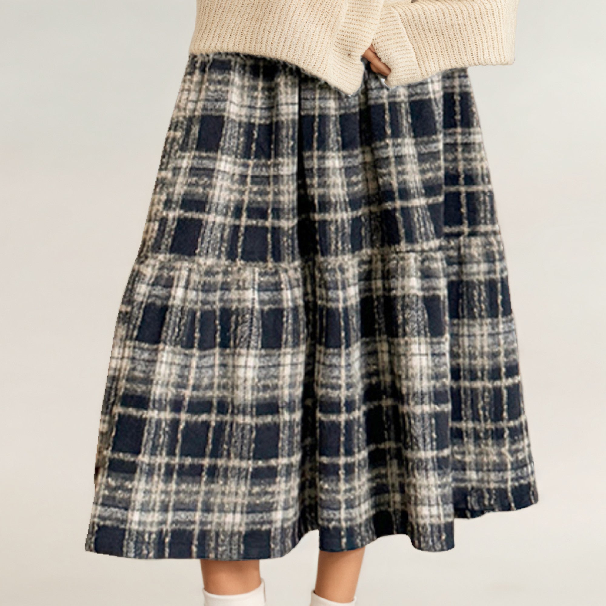 Anna-Kaci Women's High Waist Plaid Midi Skirt with Soft Textured Fabric and Tiered A-Line Silhouette