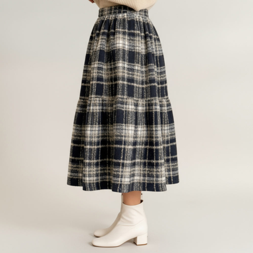 Anna-Kaci Women's High Waist Plaid Midi Skirt with Soft Textured Fabric and Tiered A-Line Silhouette