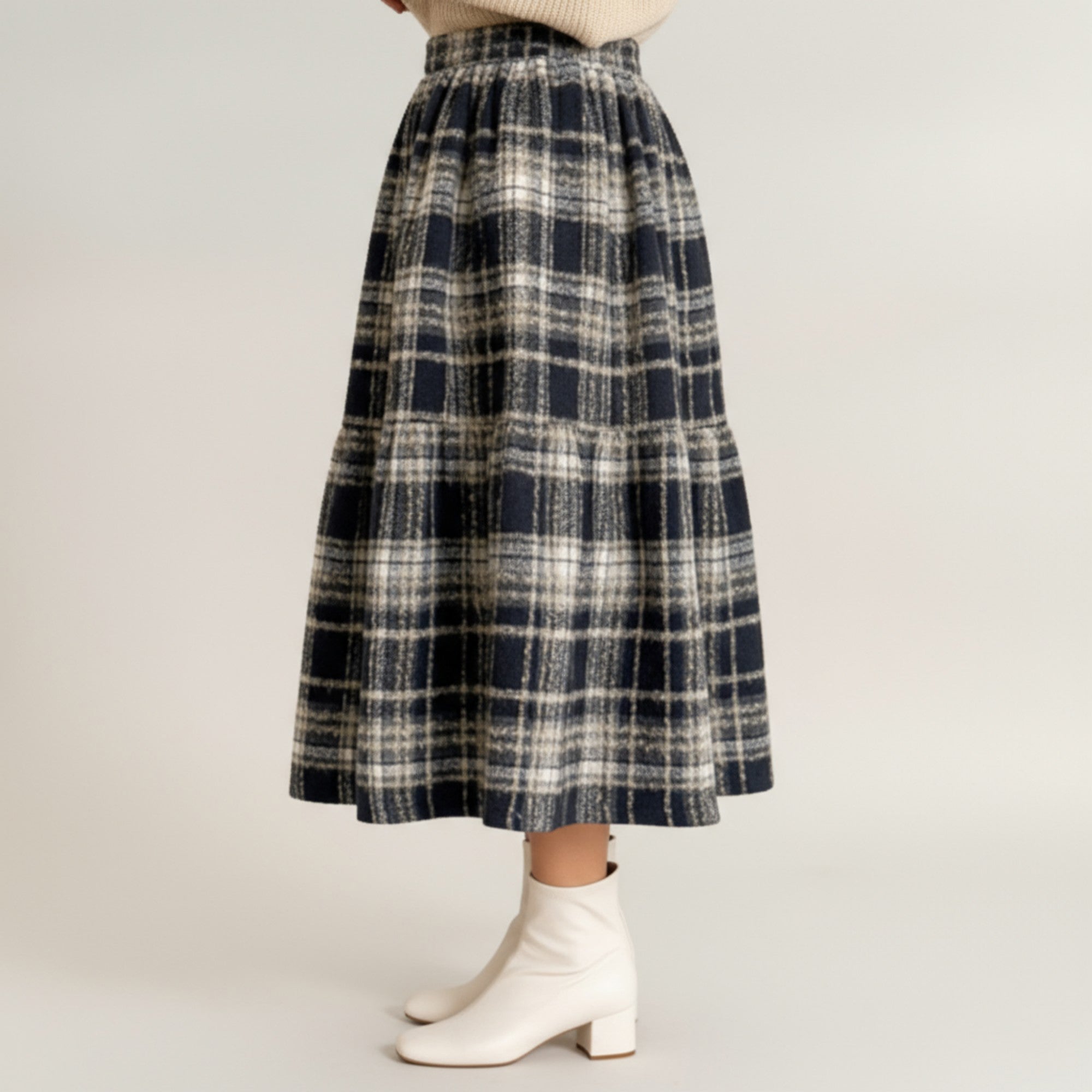 Anna-Kaci Women's High Waist Plaid Midi Skirt with Soft Textured Fabric and Tiered A-Line Silhouette