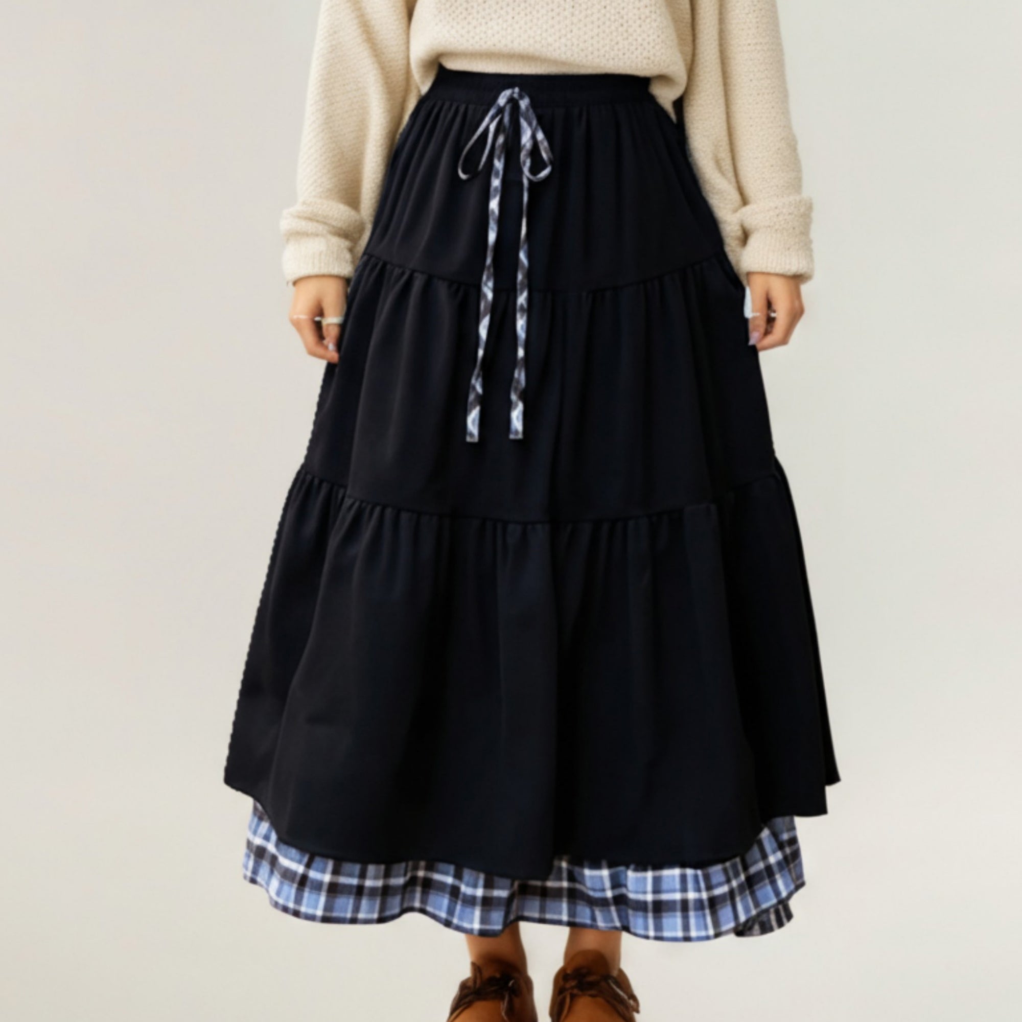 Anna-Kaci Women¡¯s Tiered Midi Skirt with Adjustable Drawstring Waist and Layered Plaid Hem Detail for Soft Flowing Movement and Comfort