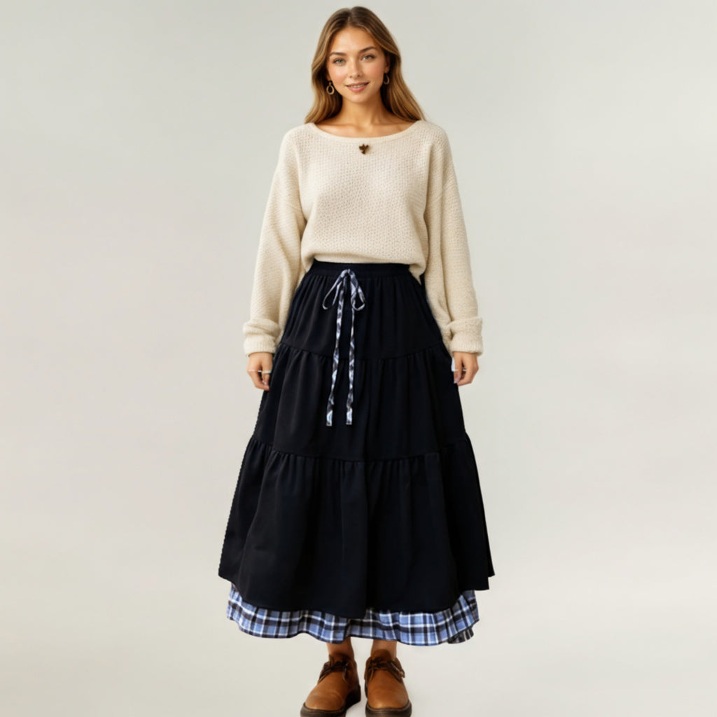 Anna-Kaci Women¡¯s Tiered Midi Skirt with Adjustable Drawstring Waist and Layered Plaid Hem Detail for Soft Flowing Movement and Comfort
