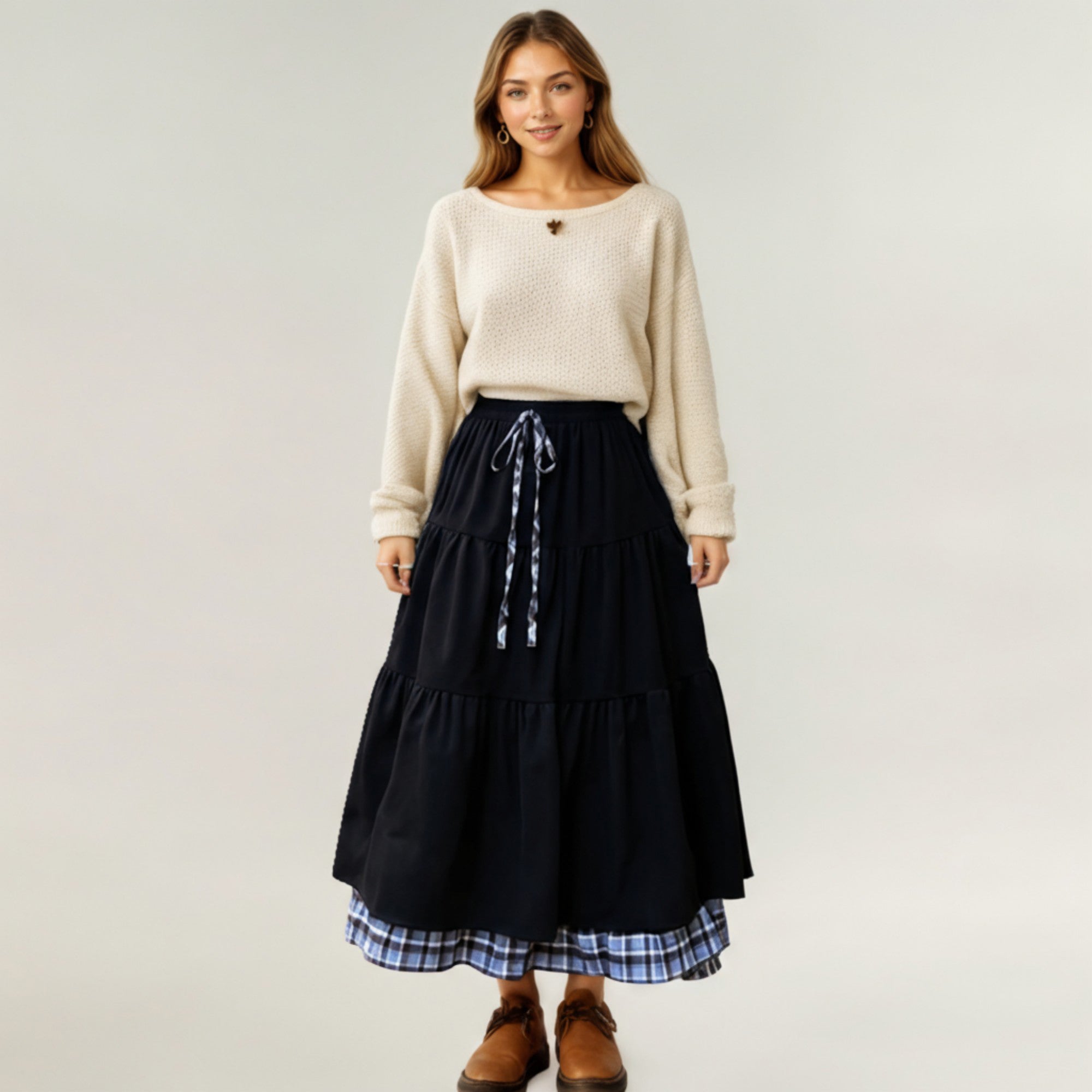 Anna-Kaci Women¡¯s Tiered Midi Skirt with Adjustable Drawstring Waist and Layered Plaid Hem Detail for Soft Flowing Movement and Comfort