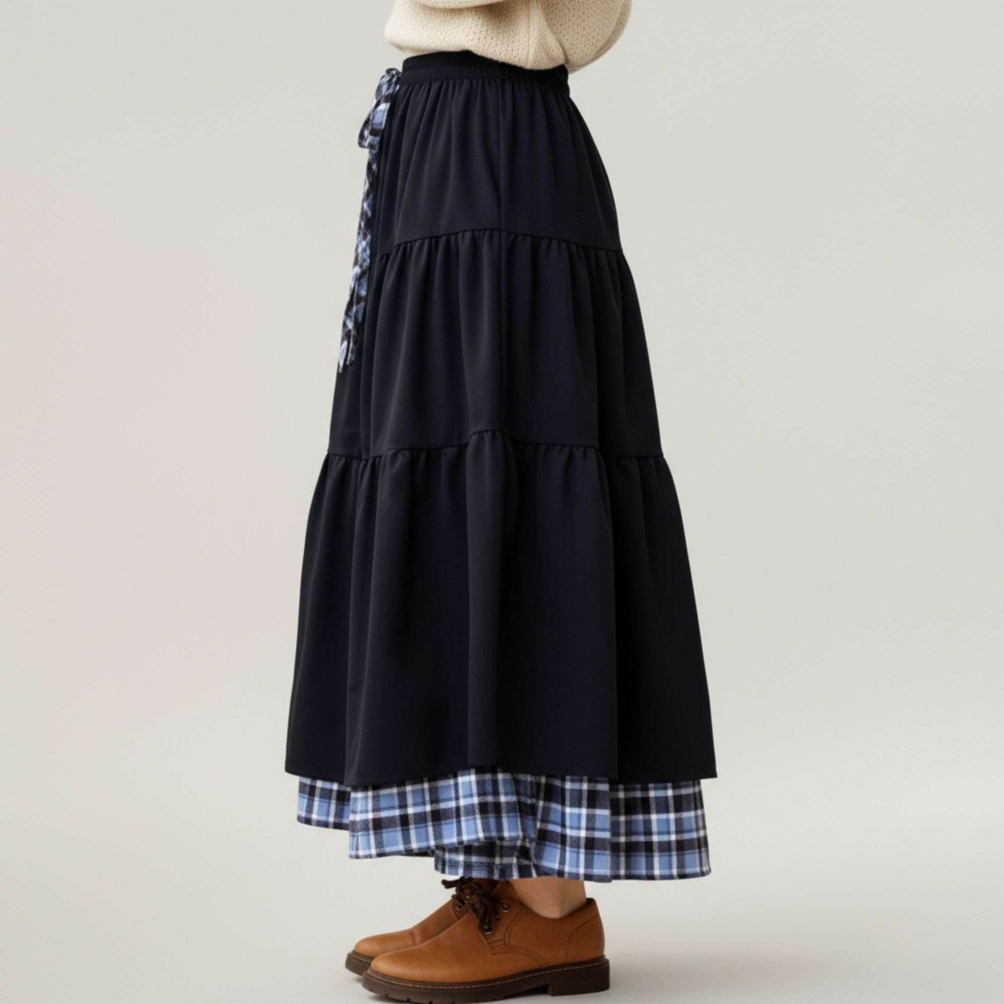 Anna-Kaci Women¡¯s Tiered Midi Skirt with Adjustable Drawstring Waist and Layered Plaid Hem Detail for Soft Flowing Movement and Comfort