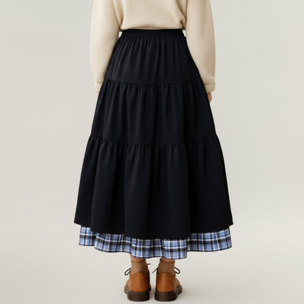 Anna-Kaci Women¡¯s Tiered Midi Skirt with Adjustable Drawstring Waist and Layered Plaid Hem Detail for Soft Flowing Movement and Comfort
