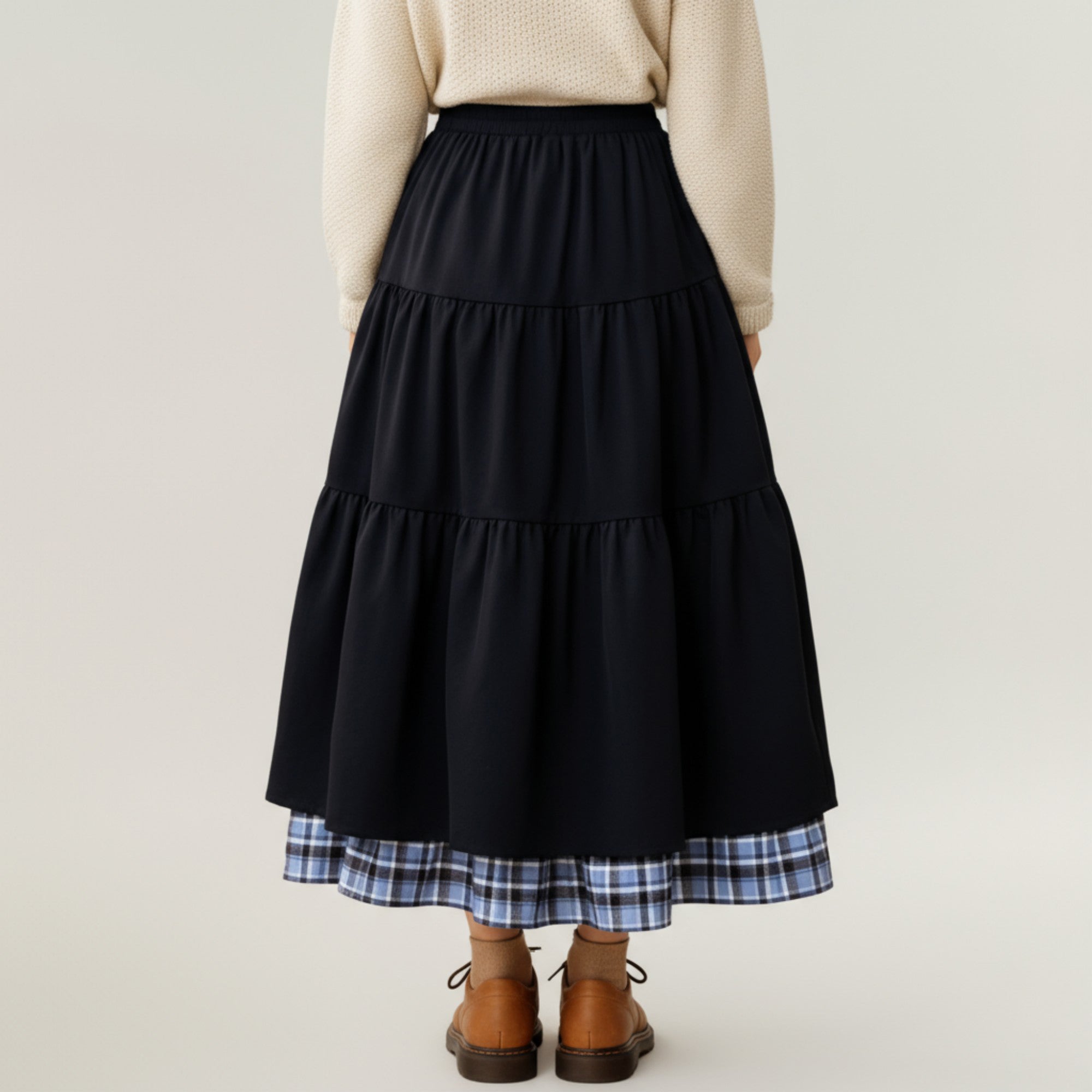 Anna-Kaci Women¡¯s Tiered Midi Skirt with Adjustable Drawstring Waist and Layered Plaid Hem Detail for Soft Flowing Movement and Comfort