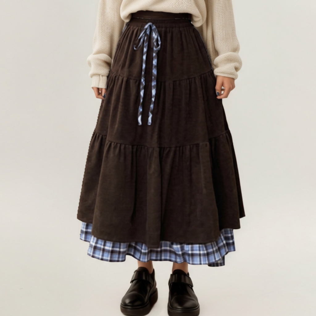 Anna-Kaci Women¡¯s Tiered Midi Skirt with Adjustable Drawstring Waist and Layered Plaid Hem Detail for Soft Flowing Movement and Comfort