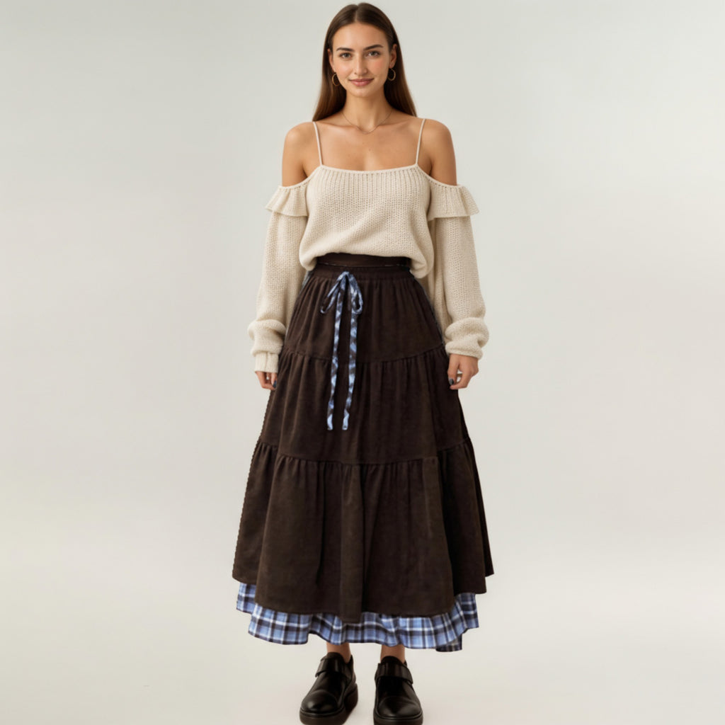 Anna-Kaci Women¡¯s Tiered Midi Skirt with Adjustable Drawstring Waist and Layered Plaid Hem Detail for Soft Flowing Movement and Comfort