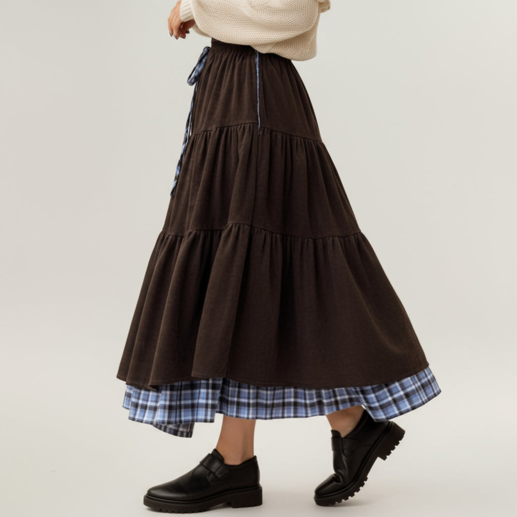 Anna-Kaci Women¡¯s Tiered Midi Skirt with Adjustable Drawstring Waist and Layered Plaid Hem Detail for Soft Flowing Movement and Comfort