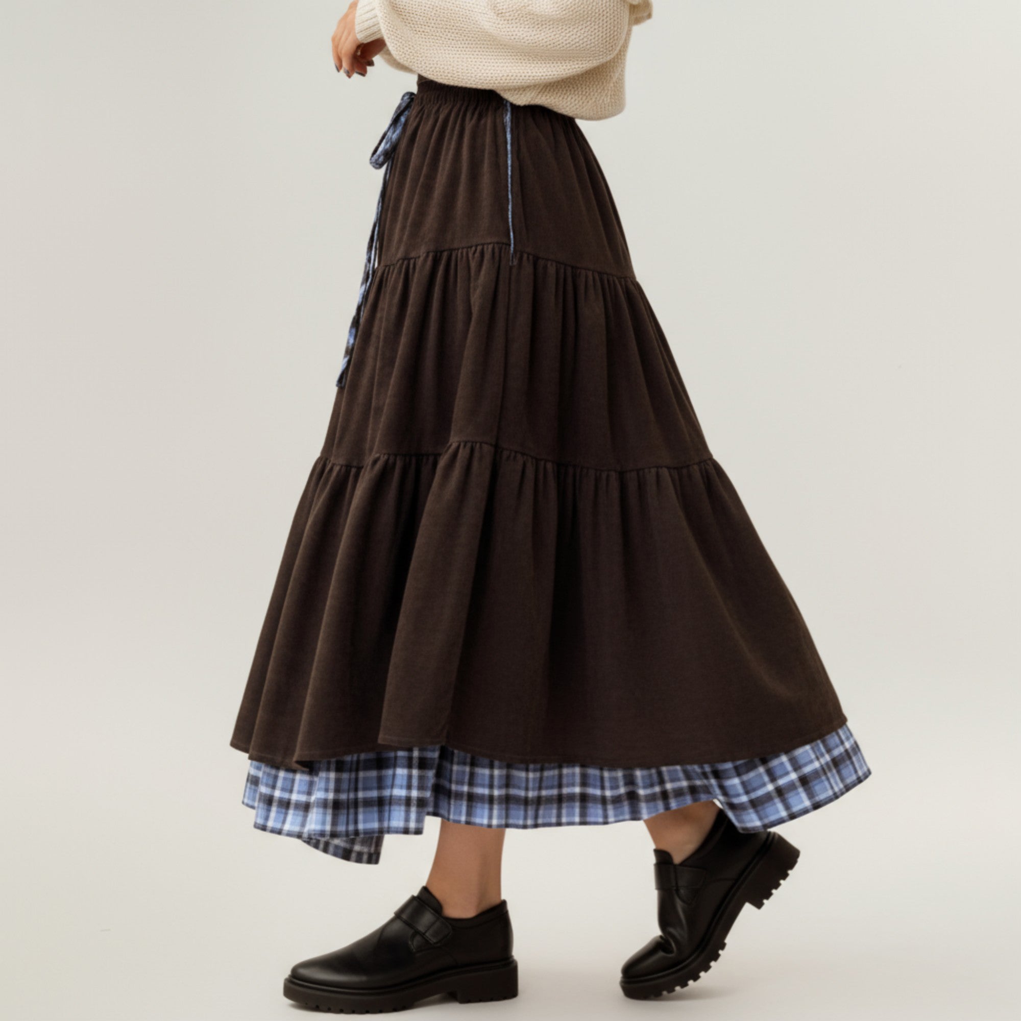 Anna-Kaci Women¡¯s Tiered Midi Skirt with Adjustable Drawstring Waist and Layered Plaid Hem Detail for Soft Flowing Movement and Comfort