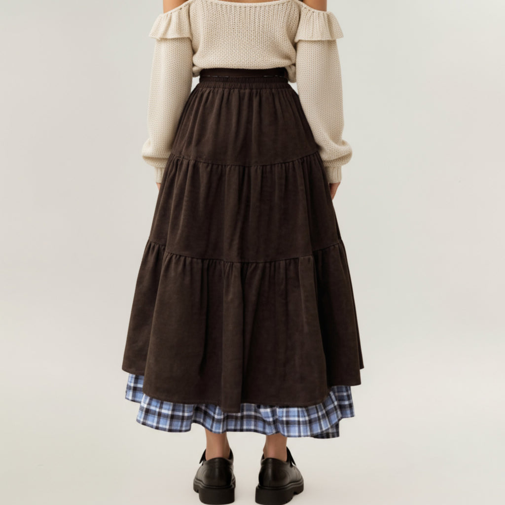 Anna-Kaci Women¡¯s Tiered Midi Skirt with Adjustable Drawstring Waist and Layered Plaid Hem Detail for Soft Flowing Movement and Comfort