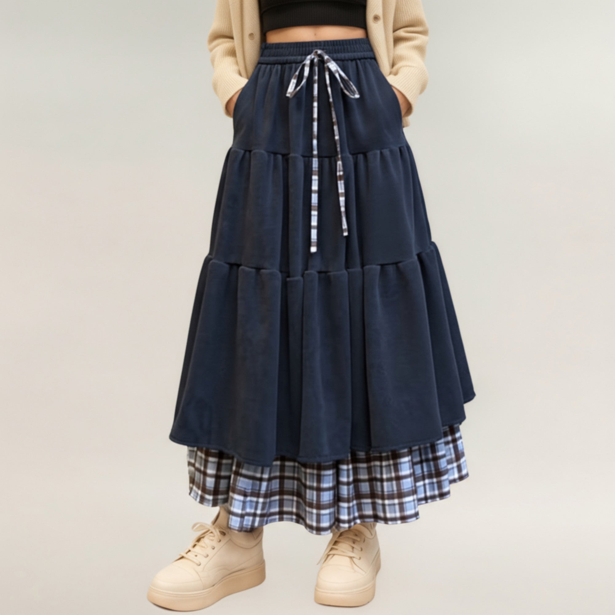 Anna-Kaci Women¡¯s Tiered Midi Skirt with Adjustable Drawstring Waist and Layered Plaid Hem Detail for Soft Flowing Movement and Comfort