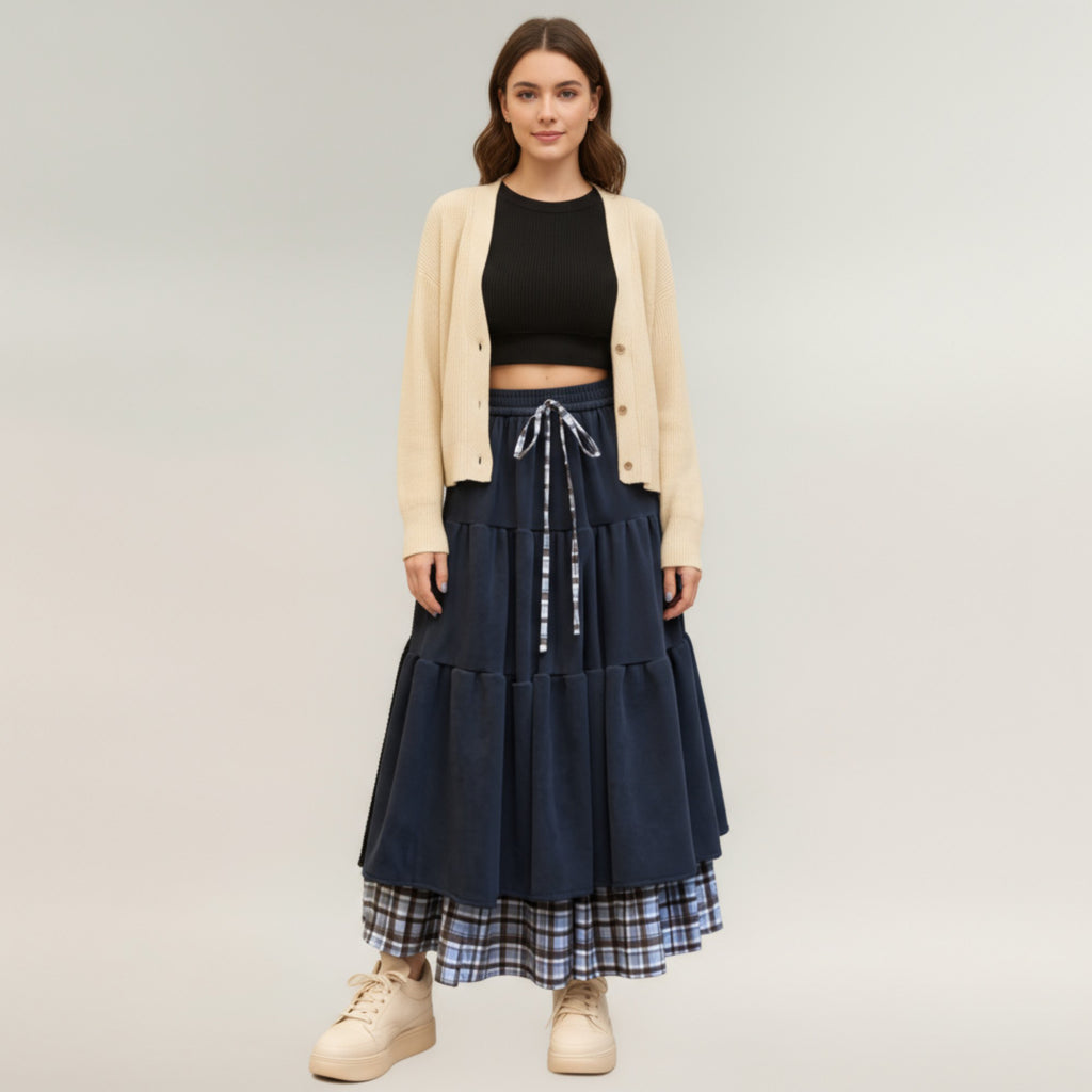 Anna-Kaci Women¡¯s Tiered Midi Skirt with Adjustable Drawstring Waist and Layered Plaid Hem Detail for Soft Flowing Movement and Comfort