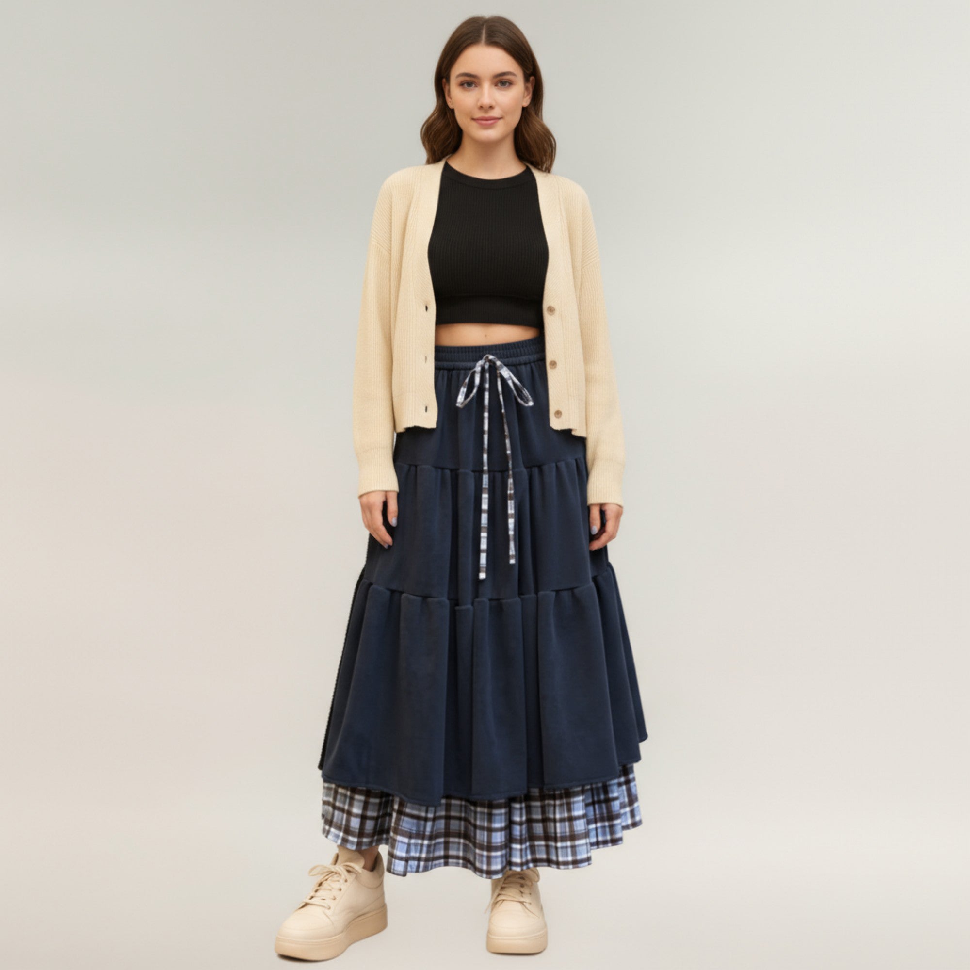 Anna-Kaci Women¡¯s Tiered Midi Skirt with Adjustable Drawstring Waist and Layered Plaid Hem Detail for Soft Flowing Movement and Comfort