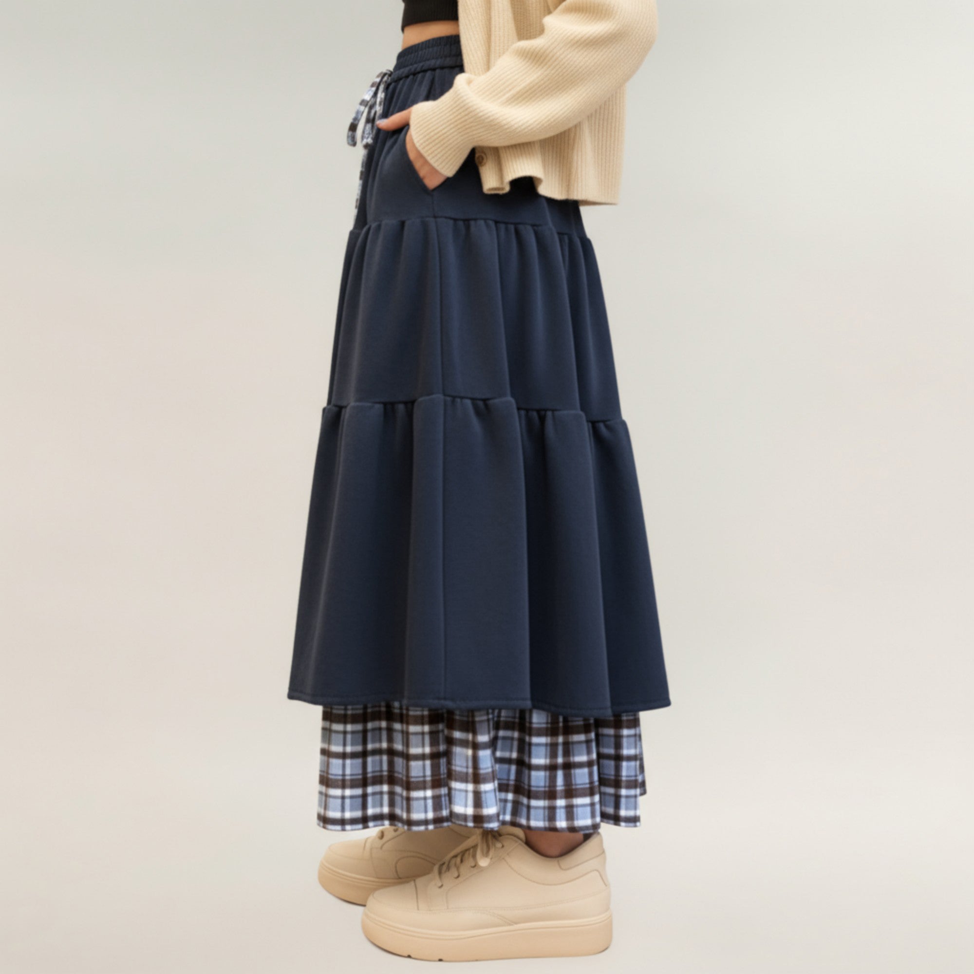 Anna-Kaci Women¡¯s Tiered Midi Skirt with Adjustable Drawstring Waist and Layered Plaid Hem Detail for Soft Flowing Movement and Comfort