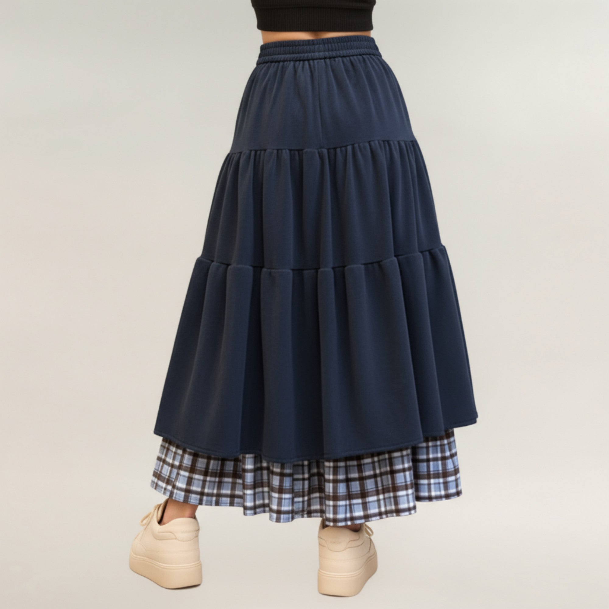Anna-Kaci Women¡¯s Tiered Midi Skirt with Adjustable Drawstring Waist and Layered Plaid Hem Detail for Soft Flowing Movement and Comfort
