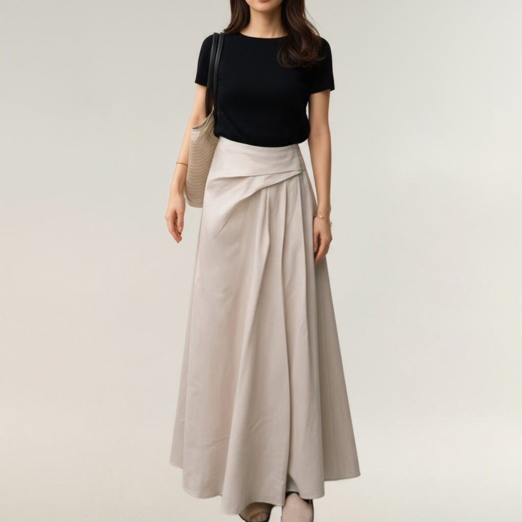 Anna-Kaci Women's High Waist A-Line Maxi Skirt with Soft Draped Pleat Detail and Flowing Full-Length Silhouette