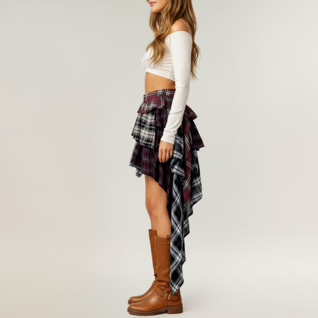 Anna-Kaci Women's Asymmetric Plaid Mini Skirt with Layered Ruffle Details and Draped Handkerchief Hem Design