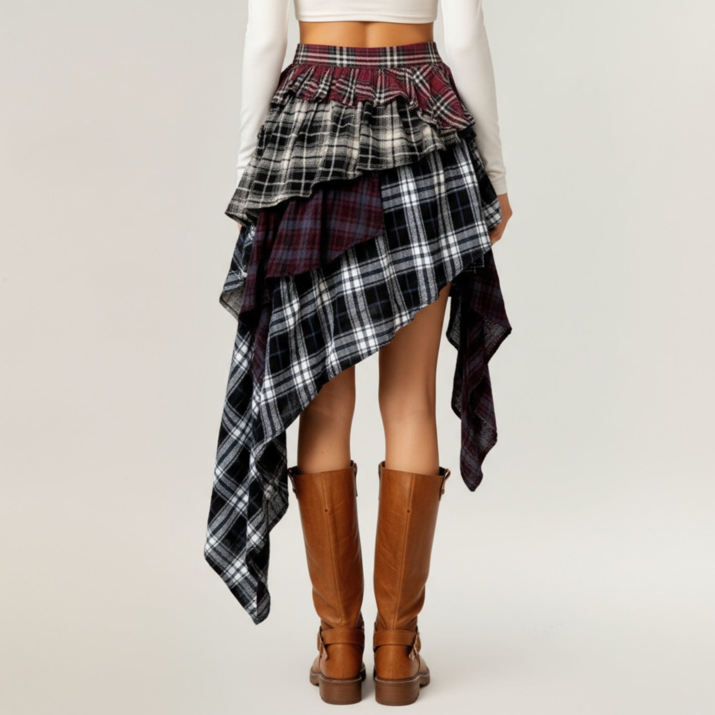 Anna-Kaci Women's Asymmetric Plaid Mini Skirt with Layered Ruffle Details and Draped Handkerchief Hem Design