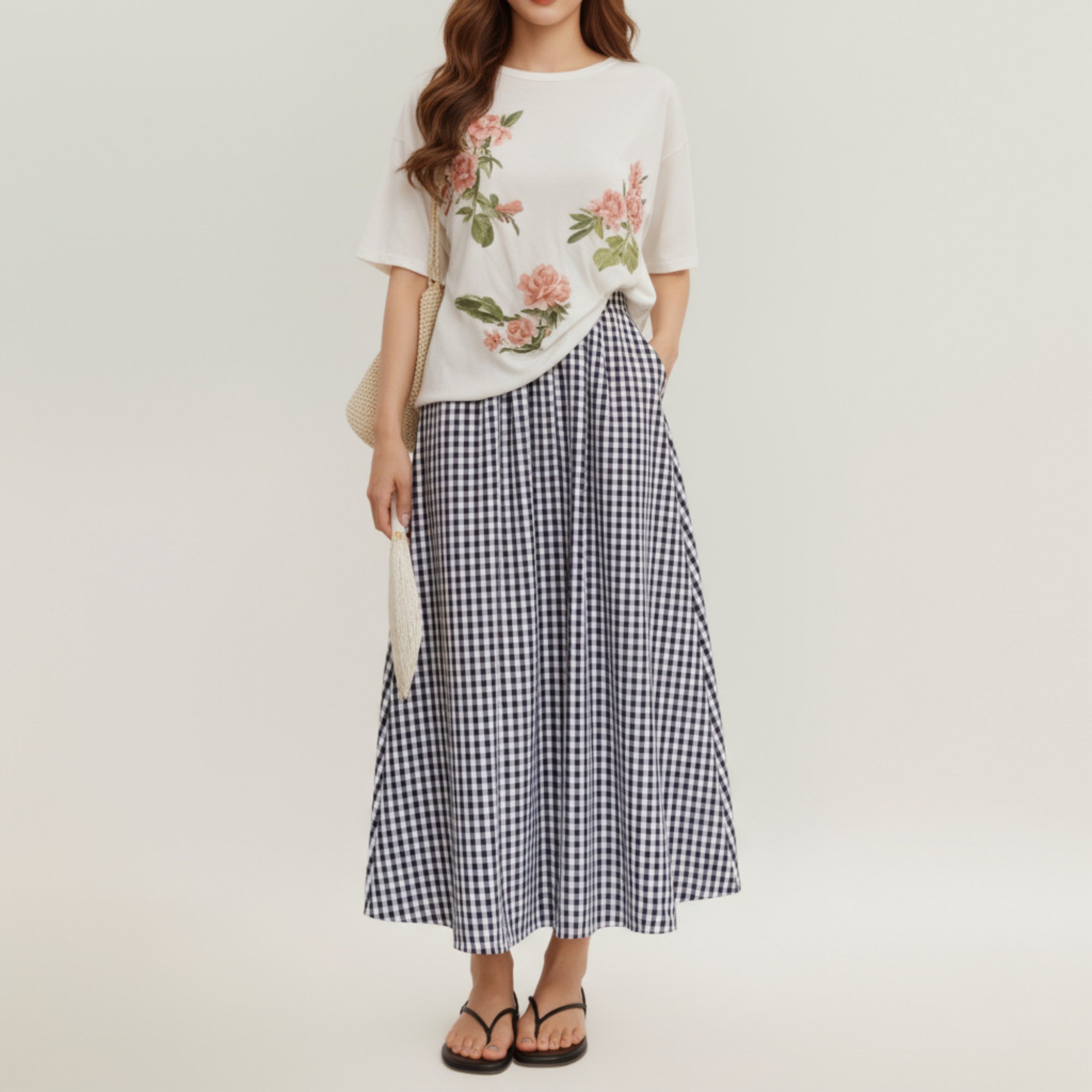 Anna-Kaci Women's Gingham Pattern Maxi Skirt with Full Gathered Silhouette and Soft Flowing Fabric Design
