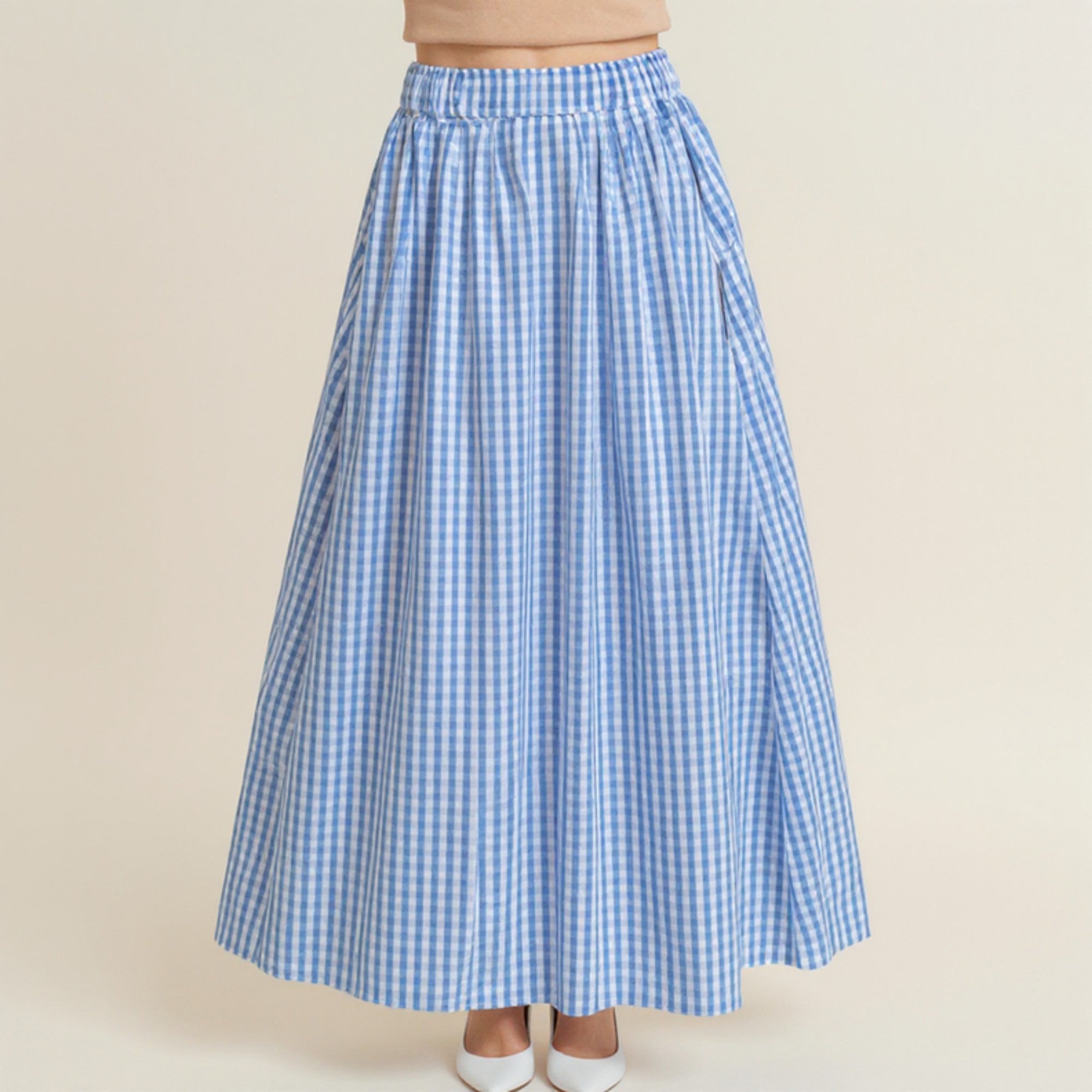 Anna-Kaci Women's Gingham Pattern Maxi Skirt with Full Gathered Silhouette and Soft Flowing Fabric Design