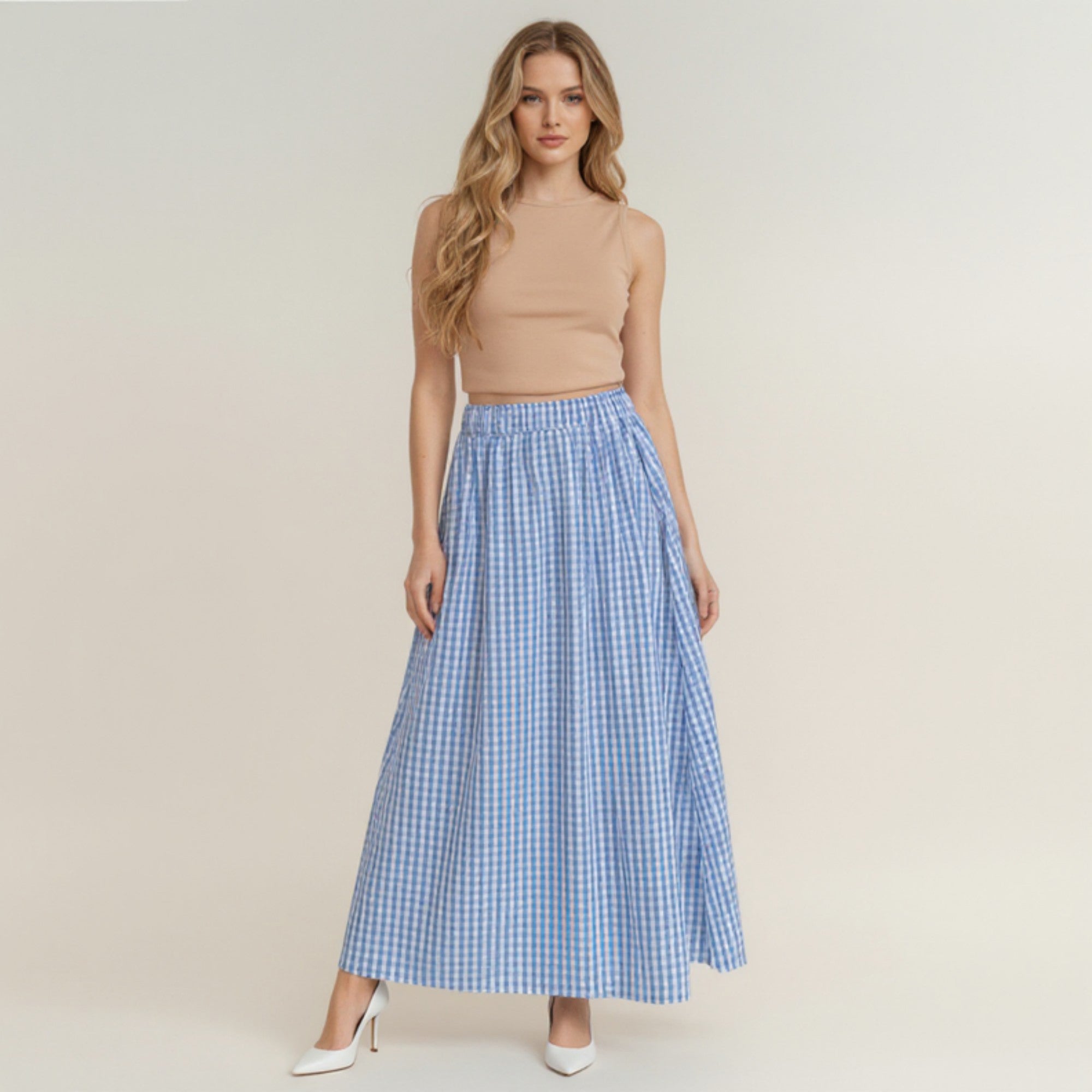 Anna-Kaci Women's Gingham Pattern Maxi Skirt with Full Gathered Silhouette and Soft Flowing Fabric Design
