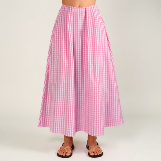 Anna-Kaci Women's Gingham Pattern Maxi Skirt with Full Gathered Silhouette and Soft Flowing Fabric Design