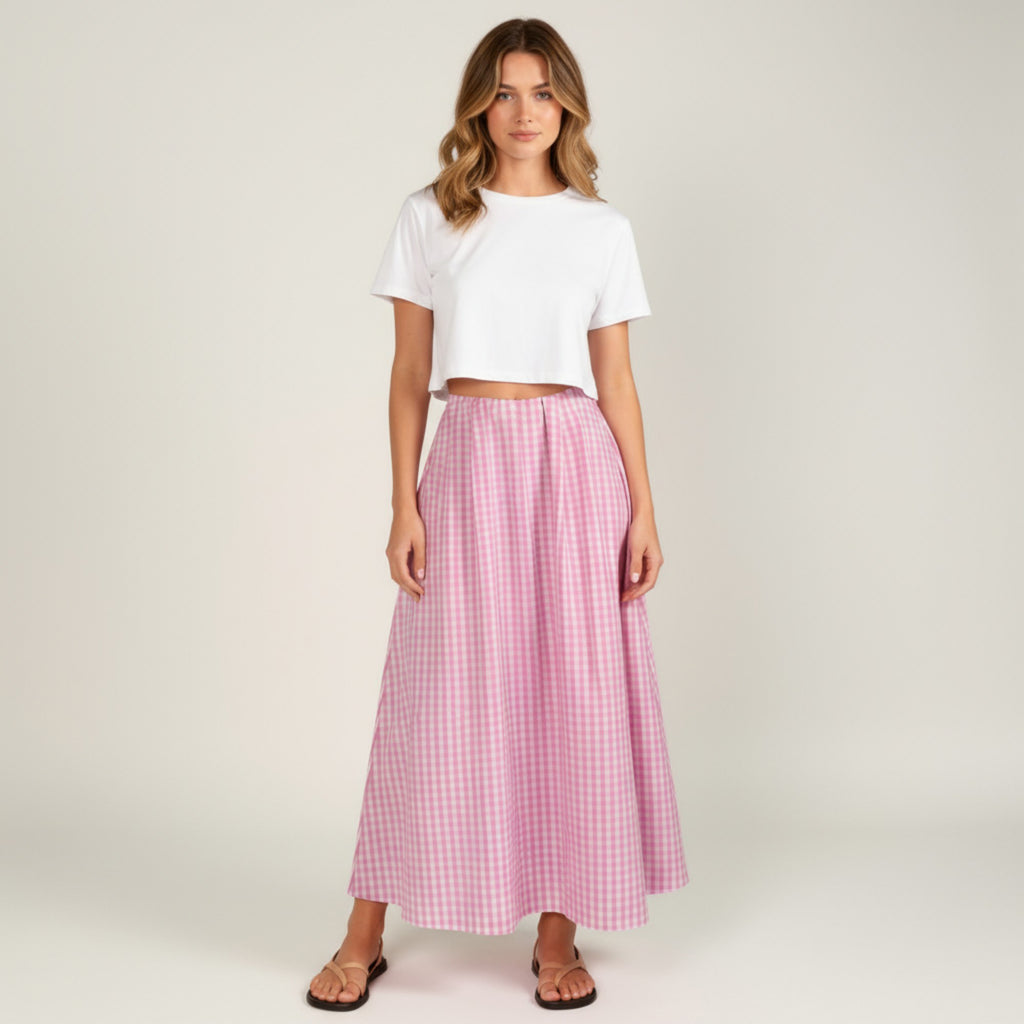 Anna-Kaci Women's Gingham Pattern Maxi Skirt with Full Gathered Silhouette and Soft Flowing Fabric Design