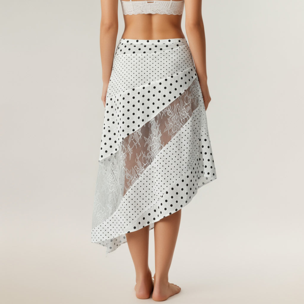 Anna-Kaci Women's Polka Dot and Lace Patchwork Midi Skirt with Asymmetrical Layered Panels and Soft Flowing Drape