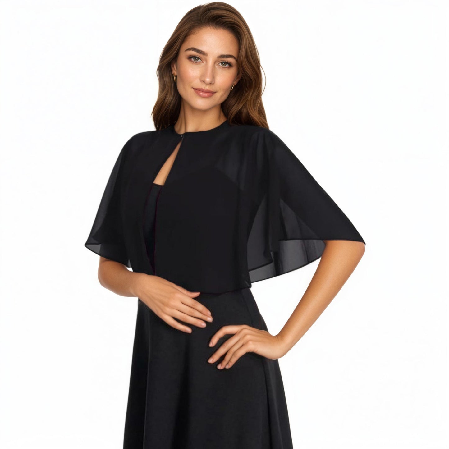 Anna-Kaci Women' s Sheer Flutter Sleeve Capelet Topper with Flowing Layered Silhouette and Elegant Front Closure